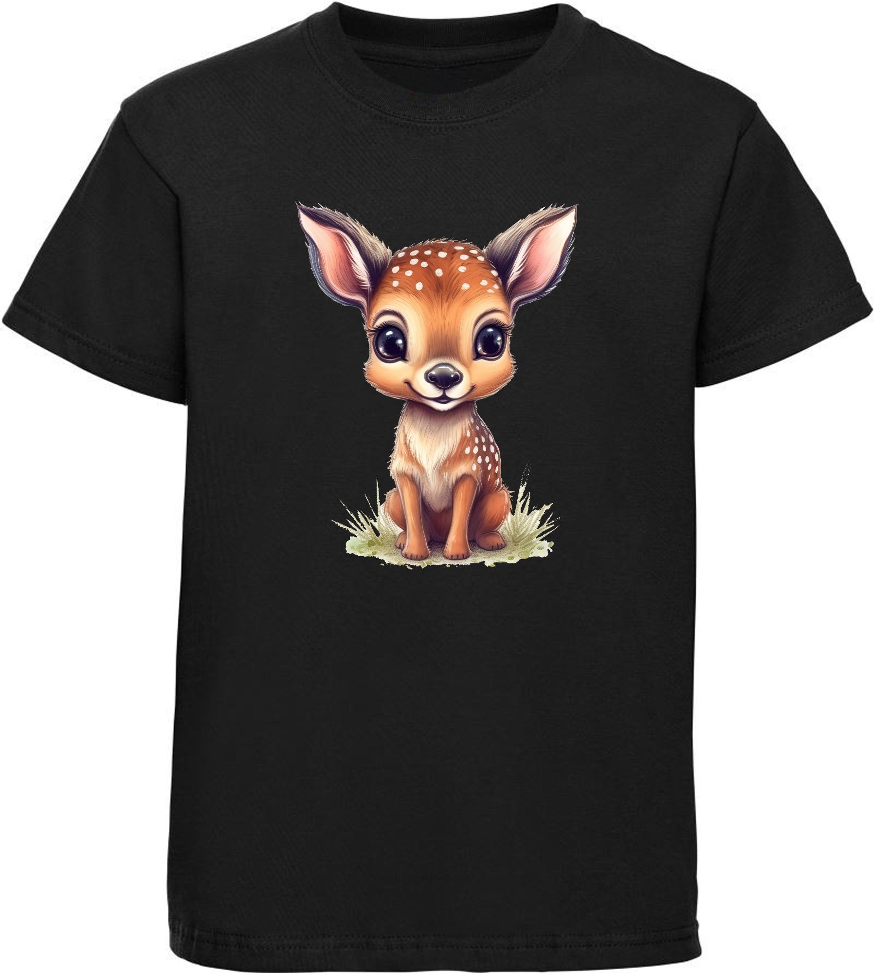 MyDesign24 T-Shirt Kinder Wildtier Print Shirt bedruckt - Baby Reh Rehkitz Baumwollshirt mit Aufdruck, i269 schwarz