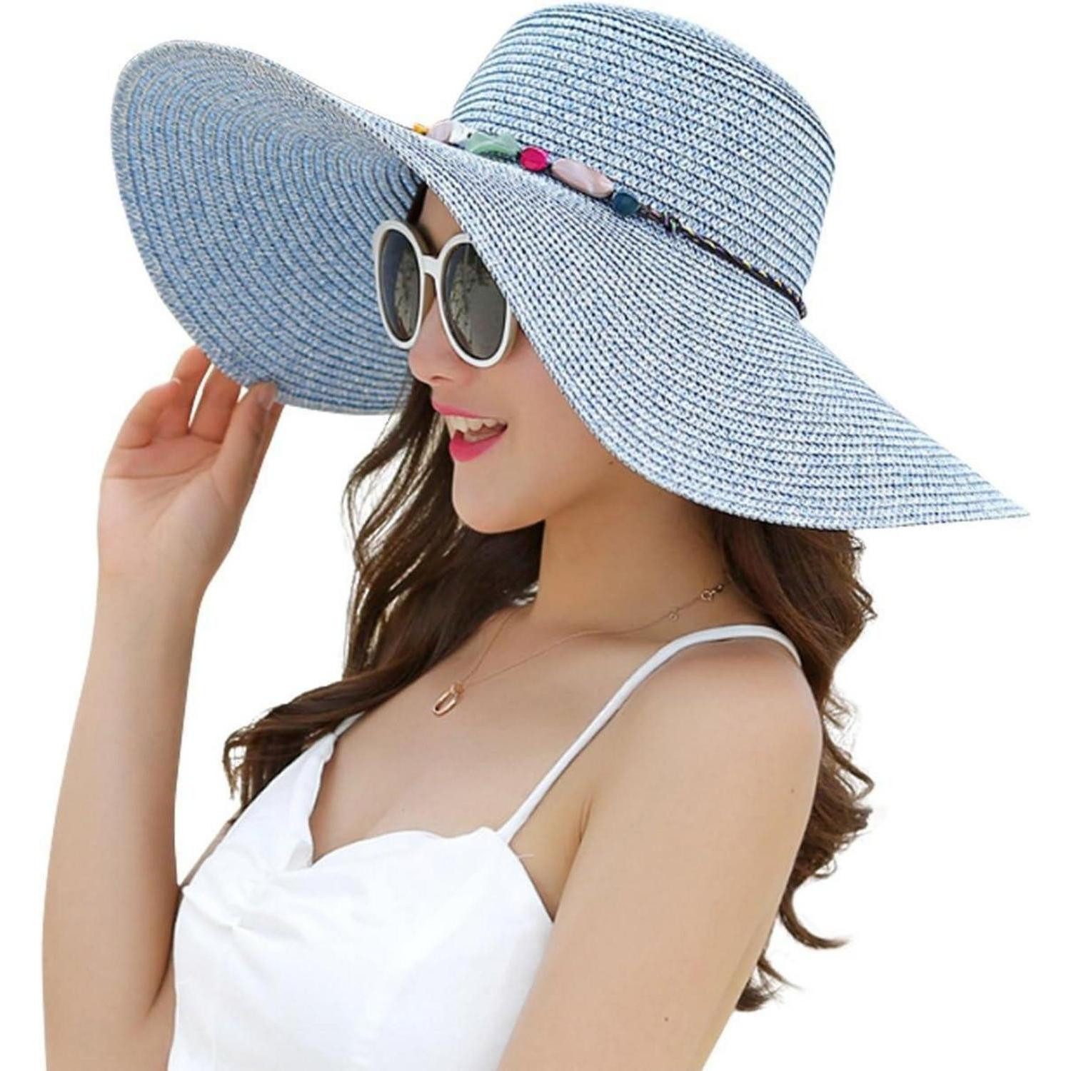 LuxusKollektion Schlapphut Schlapphut Damen Strohhut Krempe Einheitsgröße Stil B-Lake Blue