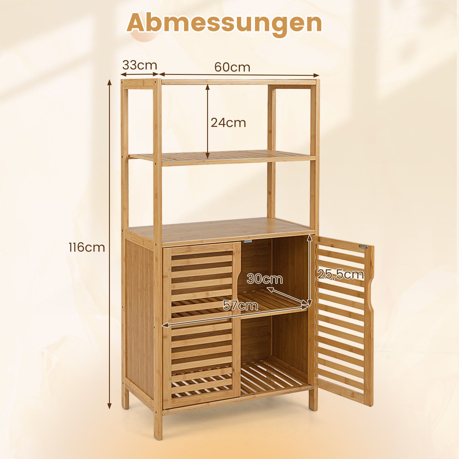 COSTWAY Bücherregal Bambus mit Lamellentüren, Vorratsschrank 60x33x116cm, Standregal – Bild 5 von 5