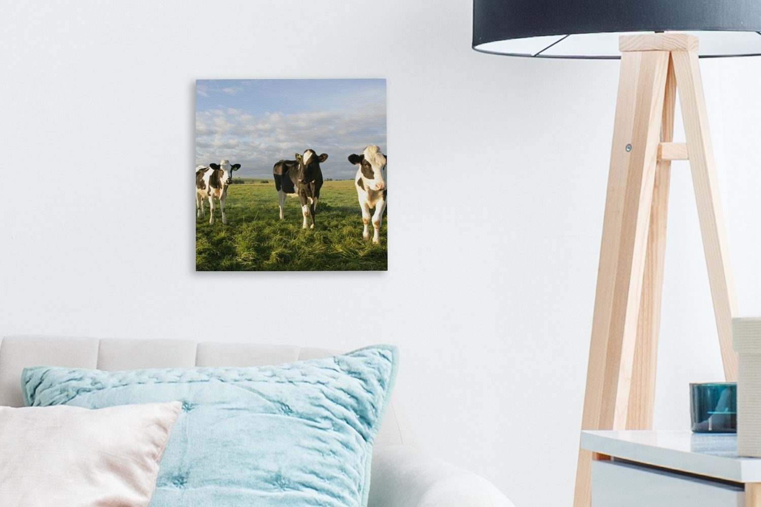 OneMillionCanvasses® Leinwandbild Schlafzimmer St), für (1 bunt -Tier, - Sonne Wohnzimmer Bilder Kuh Leinwand