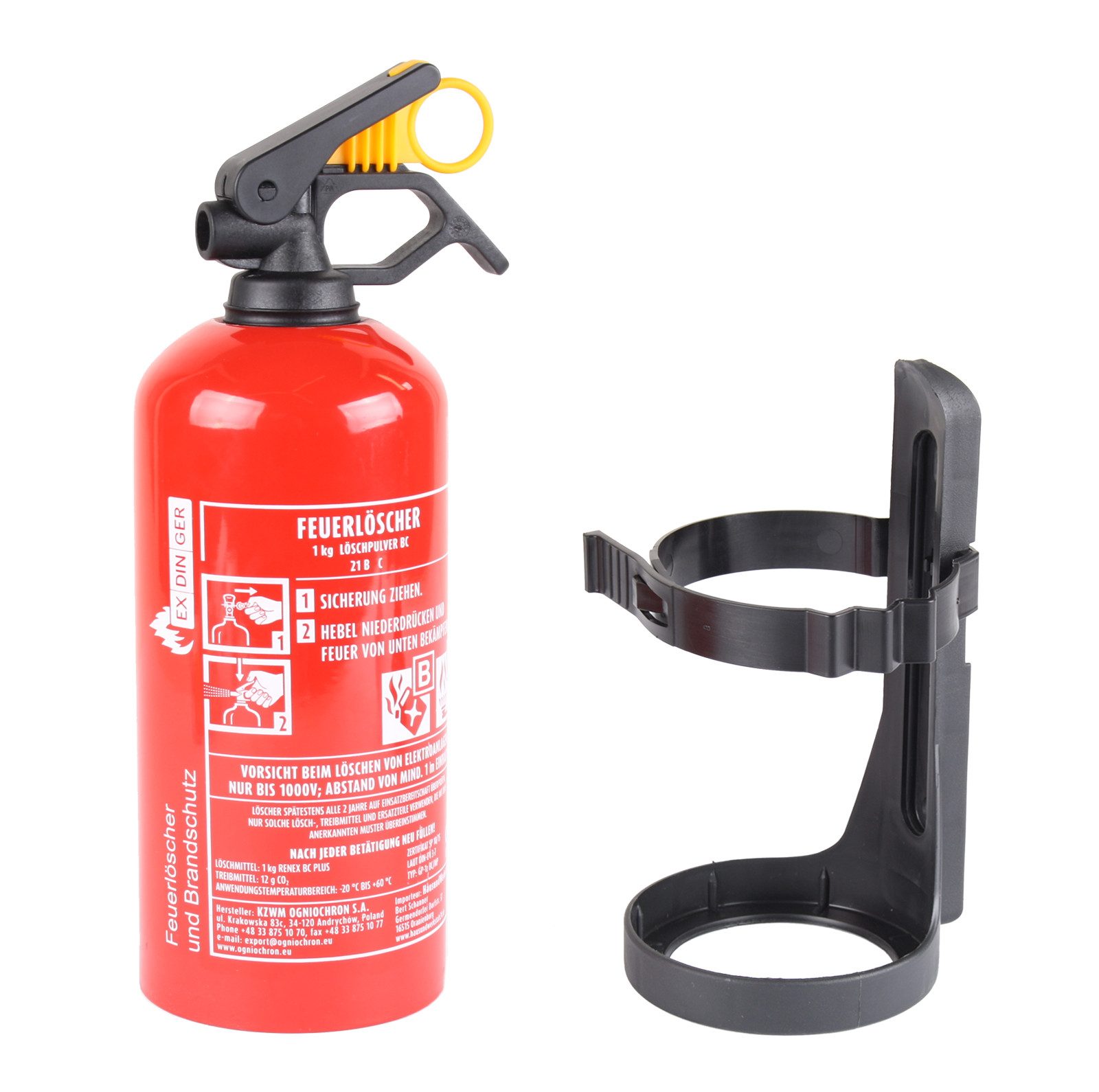 EXDINGER Pulver-Feuerlöscher kompakter BC Pulver-Autofeuerlöscher gemäß DIN EN 3-7 (1 kg), Dauerdruck, BC Pulver, (2-St) Dauerdrucklöscher, Sicherungskeil, mehrfach befüllbar