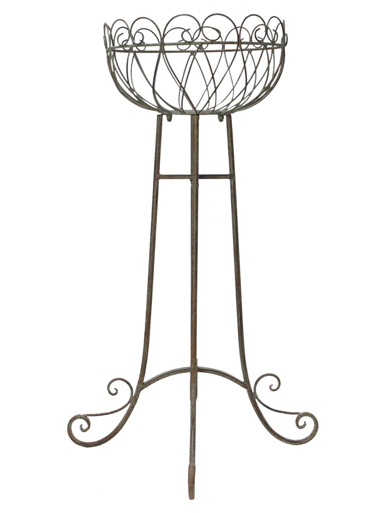 Dekoleidenschaft Blumenständer "Ornamente" Dekoständer grün mit Rost Finish, Metallständer mit Korb, Pflanzenschale, Blumenkorb