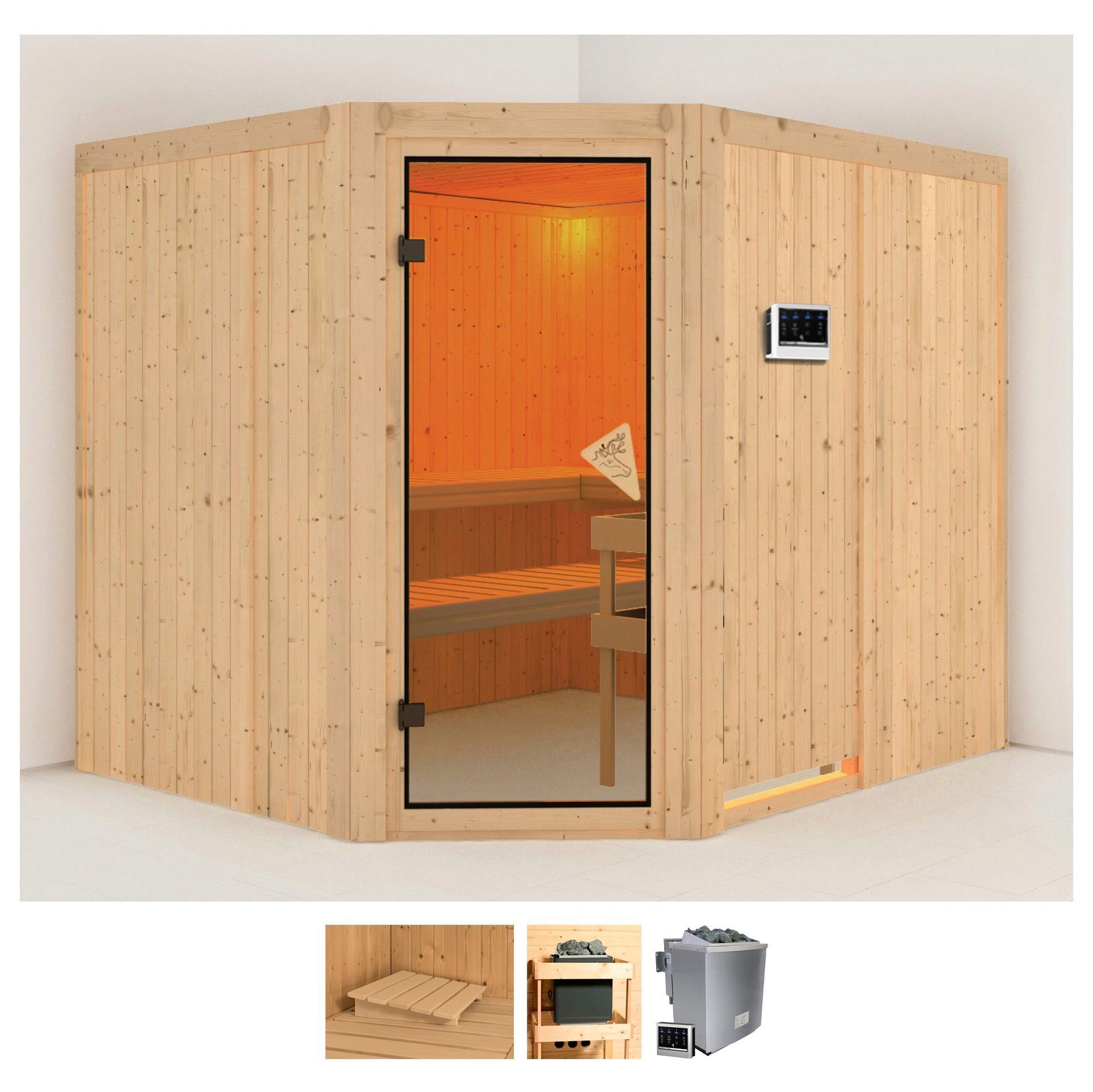 Karibu Sauna Marit, BxTxH: 231 x 196 x 198 cm, 68 mm, (Set) 9-kW-Bio-Ofen mit externer Steuerung