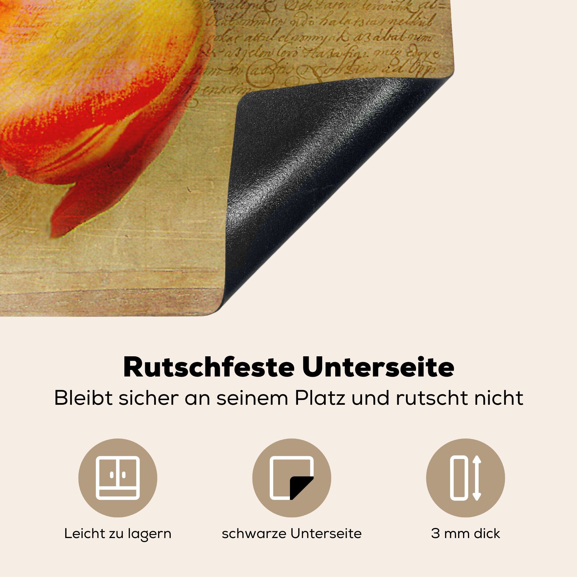Illustration auf Tulpen MuchoWow Arbeitsfläche Vinyl, Ceranfeldabdeckung orangefarbenen cm, einem Eine nutzbar, (1 hellen, 70x52 tlg), von Herdblende-/Abdeckplatte Mobile