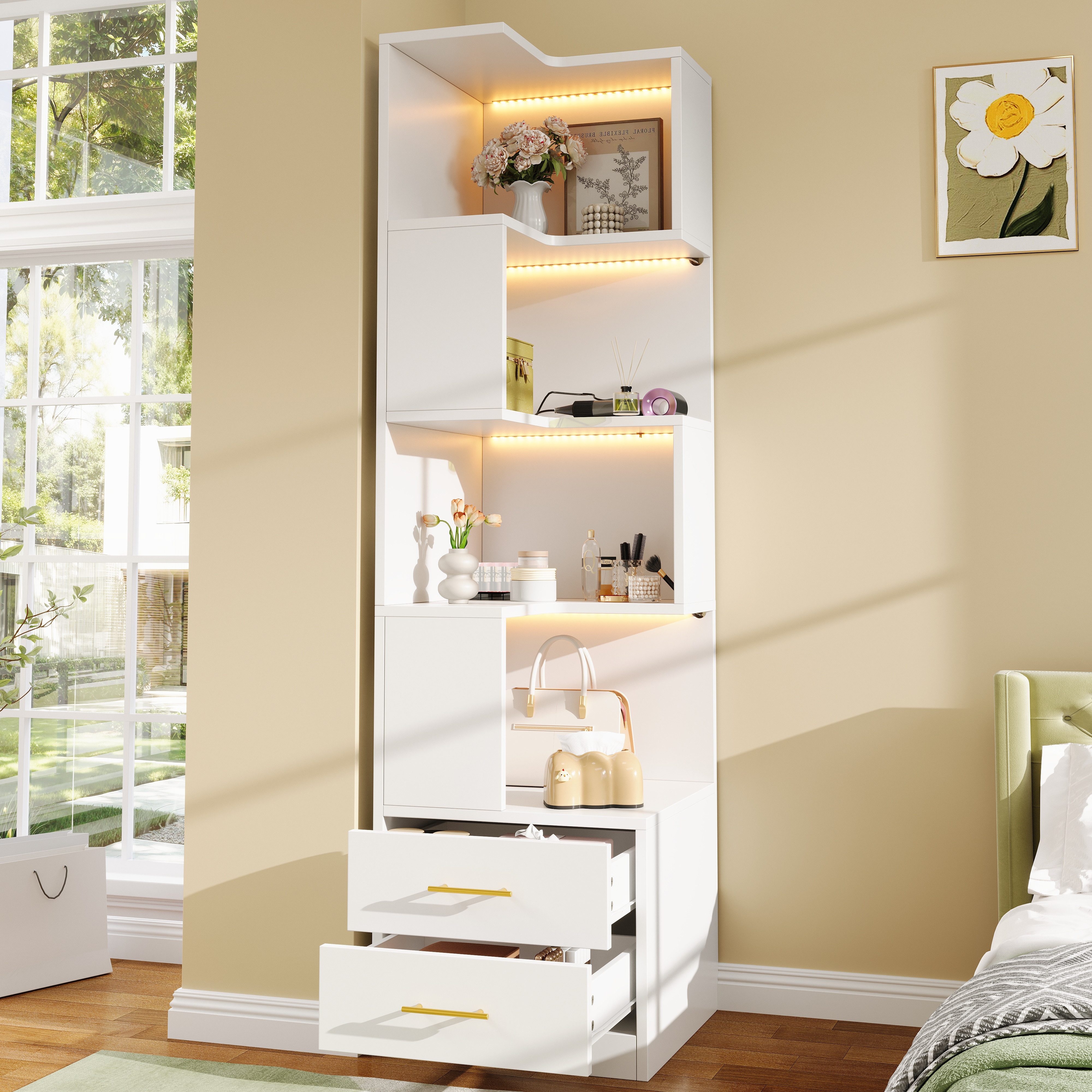 Flieks Bücherregal Eckregal mit LED-Beleuchtung, 5 Ebenen & 2 Schubladen Standregal, 45x45x165 cm 1-tlg., Eckbücherregal Eckschrank L-förmig Hochschrank Weiß, 4 Fächer