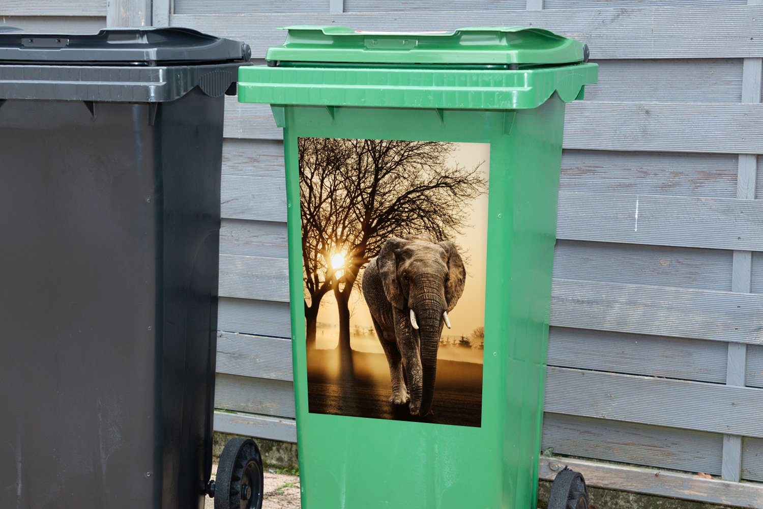 Sonne - - MuchoWow Mülleimer-aufkleber, Mülltonne, Sticker, Baum Wandsticker Abfalbehälter Elefant Container, St), (1