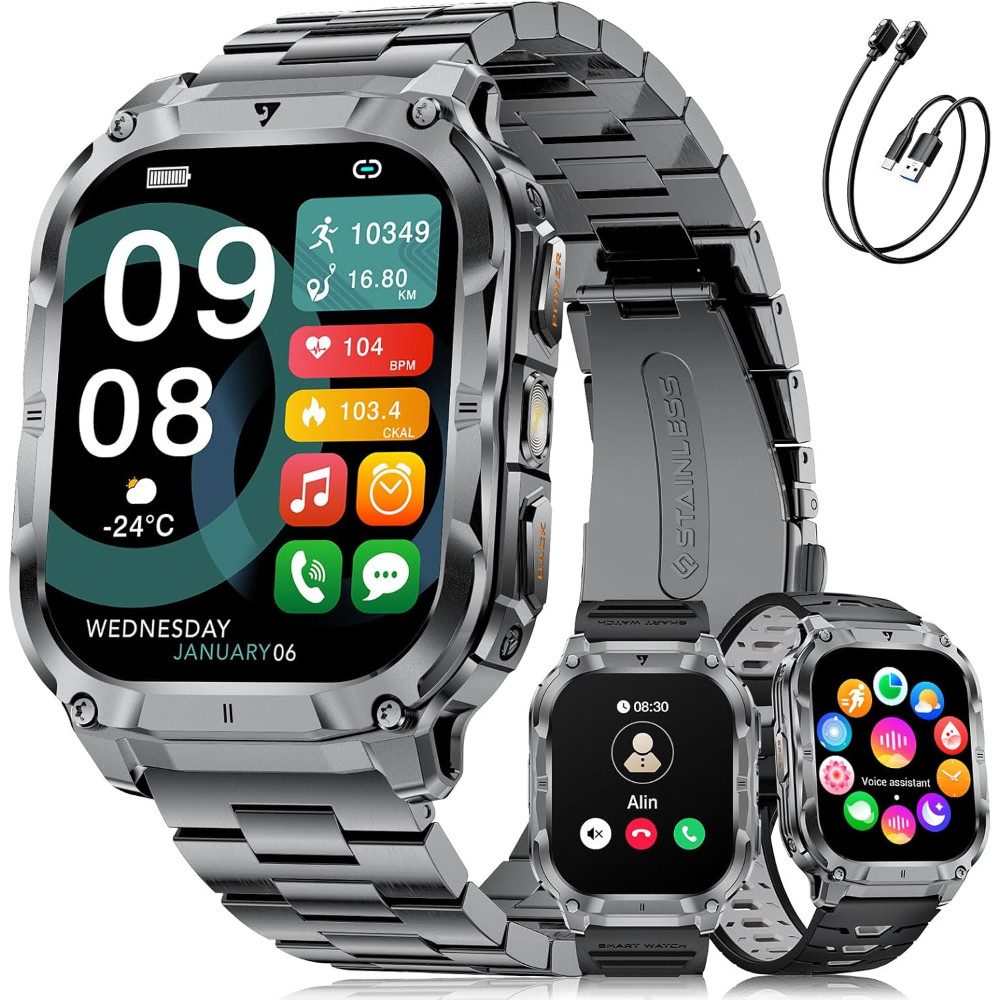 Lige IP68 Wasserdicht 1000mAh Akku Telefonfunktion Robust Herren's Militär Smartwatch (2.0 Zoll, Android iOS), mit Herzfrequenz schlafmonitor 200+ Sportmodi Bluetooth Anruf funktion