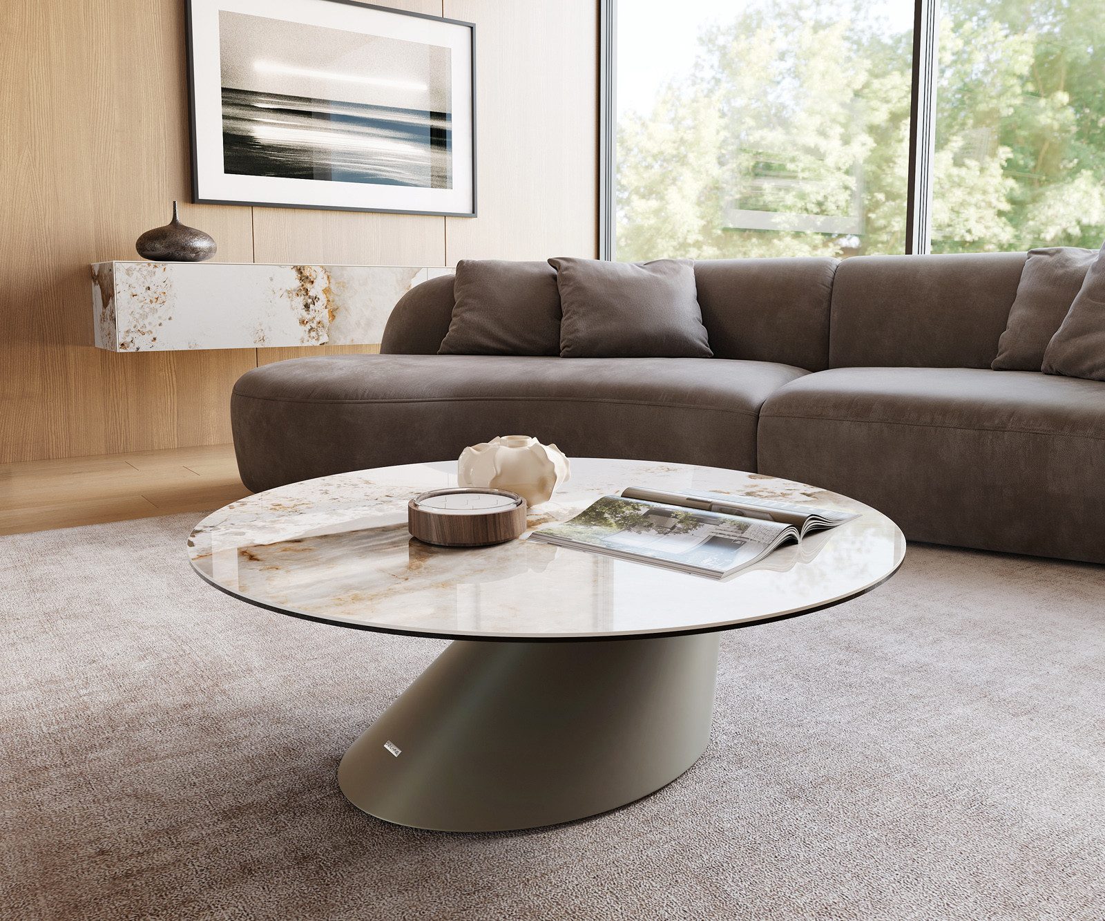 DELIFE Couchtisch Edge, Rund 100x100 cm Keramik Minas Melange Conis Metall Effektfinish Titan