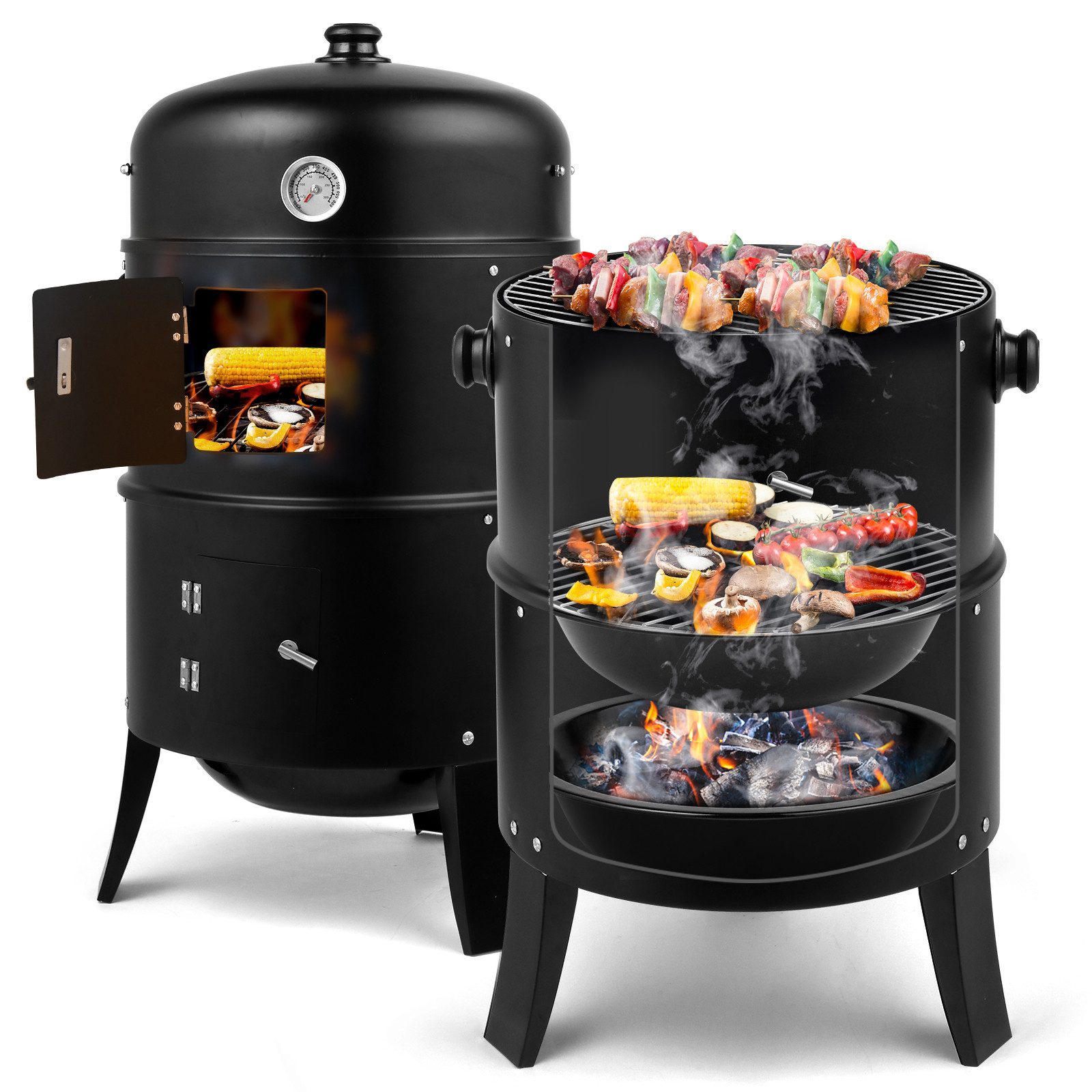 LALAHO Holzkohlegrill 3 in 1 Smoker Grill, Räuchertonne für Camping, Garten, 80 x 41 x 48cm