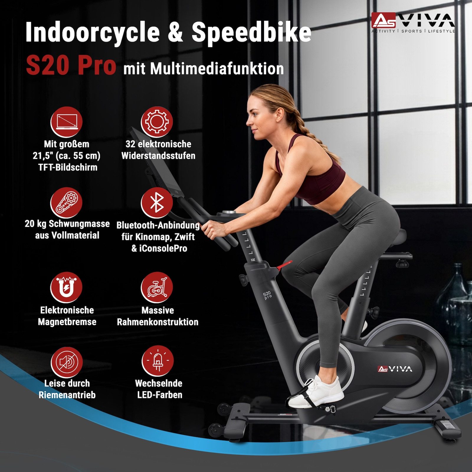 AsVIVA Speedbike S20 Indoor Cycle mit 21,5″ Touchdisplay, Auto-Widerstand per App, Automatischer Widerstand, 20 kg Schwungrad, Dual-Steuerung – Bild 3 von 5