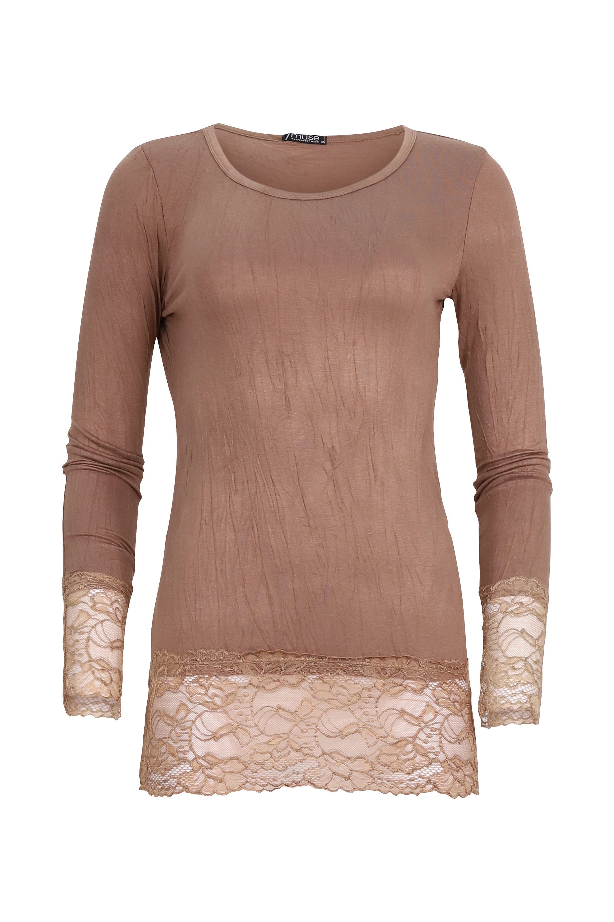 Muse Rundhalsshirt Langarm Longshirt mit Spitzensaum 0998