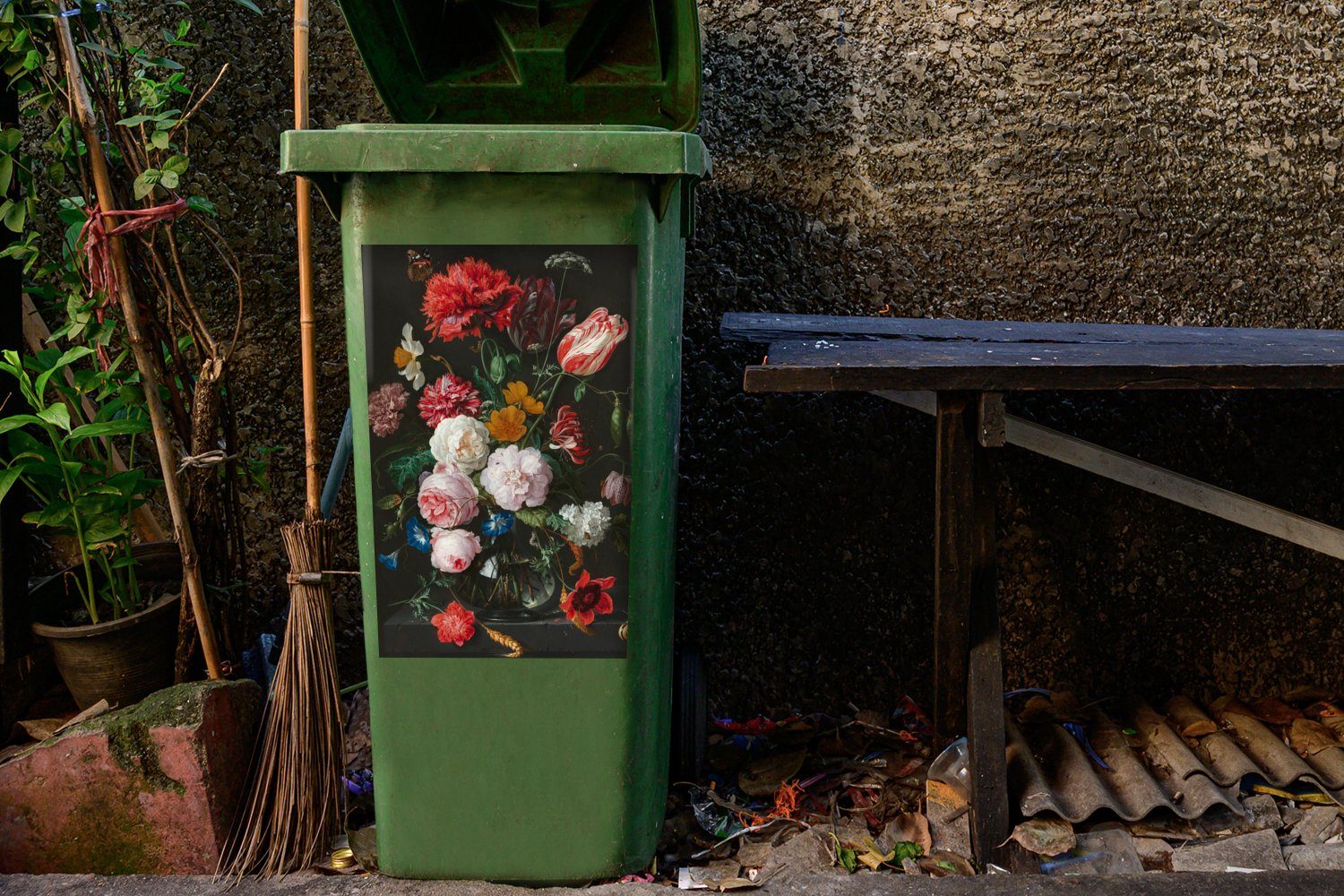 MuchoWow Wandsticker Stilleben Mülltonne, Blumen Container, de Sticker, Abfalbehälter Jan Mülleimer-aufkleber, in - (1 Glasvase von Gemälde Davidsz. mit einer St)