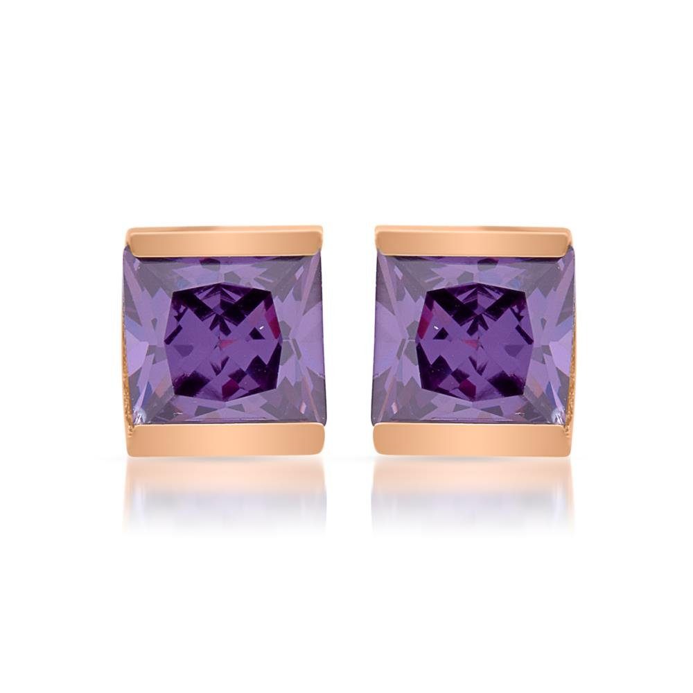 Paar Ohrstecker Unique Ohrstecker Edelstahl rosévergoldet lila Zirkonia E5098