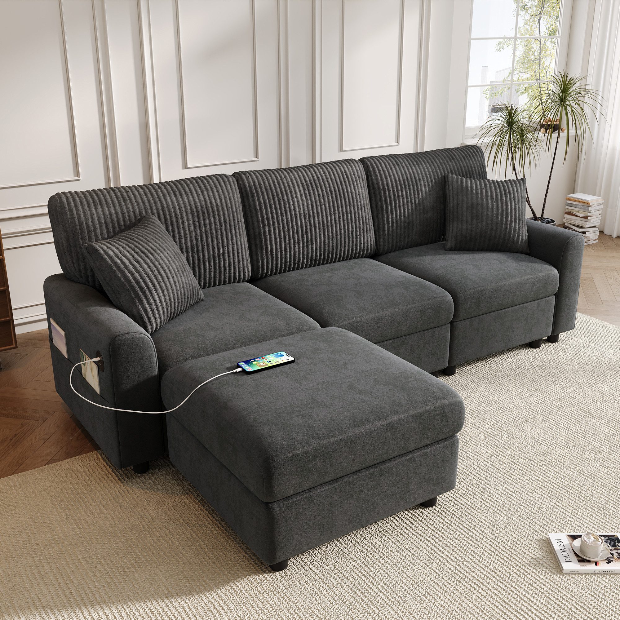 Merax Ecksofa Modernes Sofa 3-Sitzer, L-förmiges Ecksofa mit Hocker, 1 Teile, Chenille Cord Soffa mit USB Anschluss, Type-C, Kissen, Wohnzimmersofa