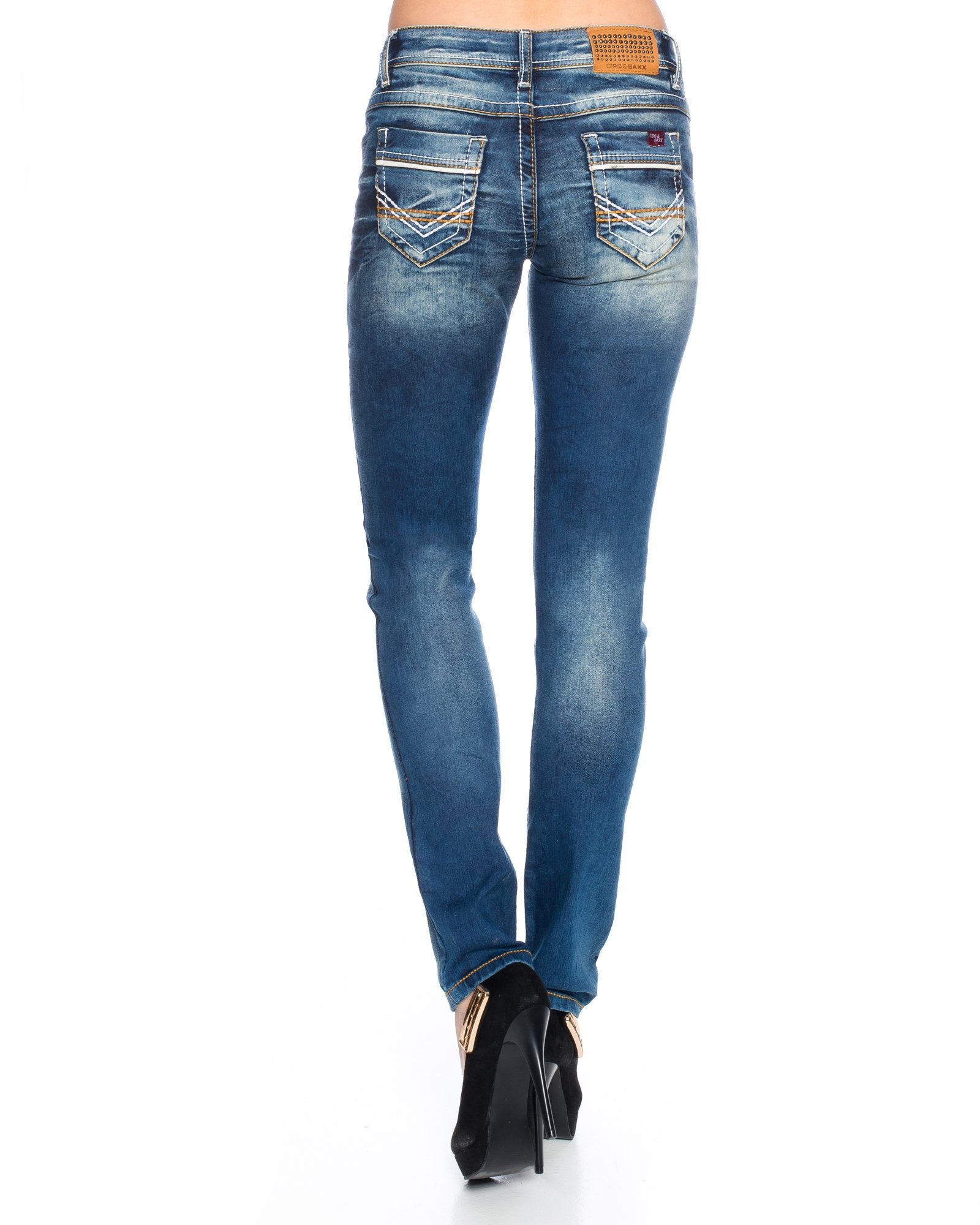 Cipo & Baxx Regular-fit-Jeans Damen Jeans Hose mit dicken Nähten Jeanshose mit weißen und orangenen dicken Nähten