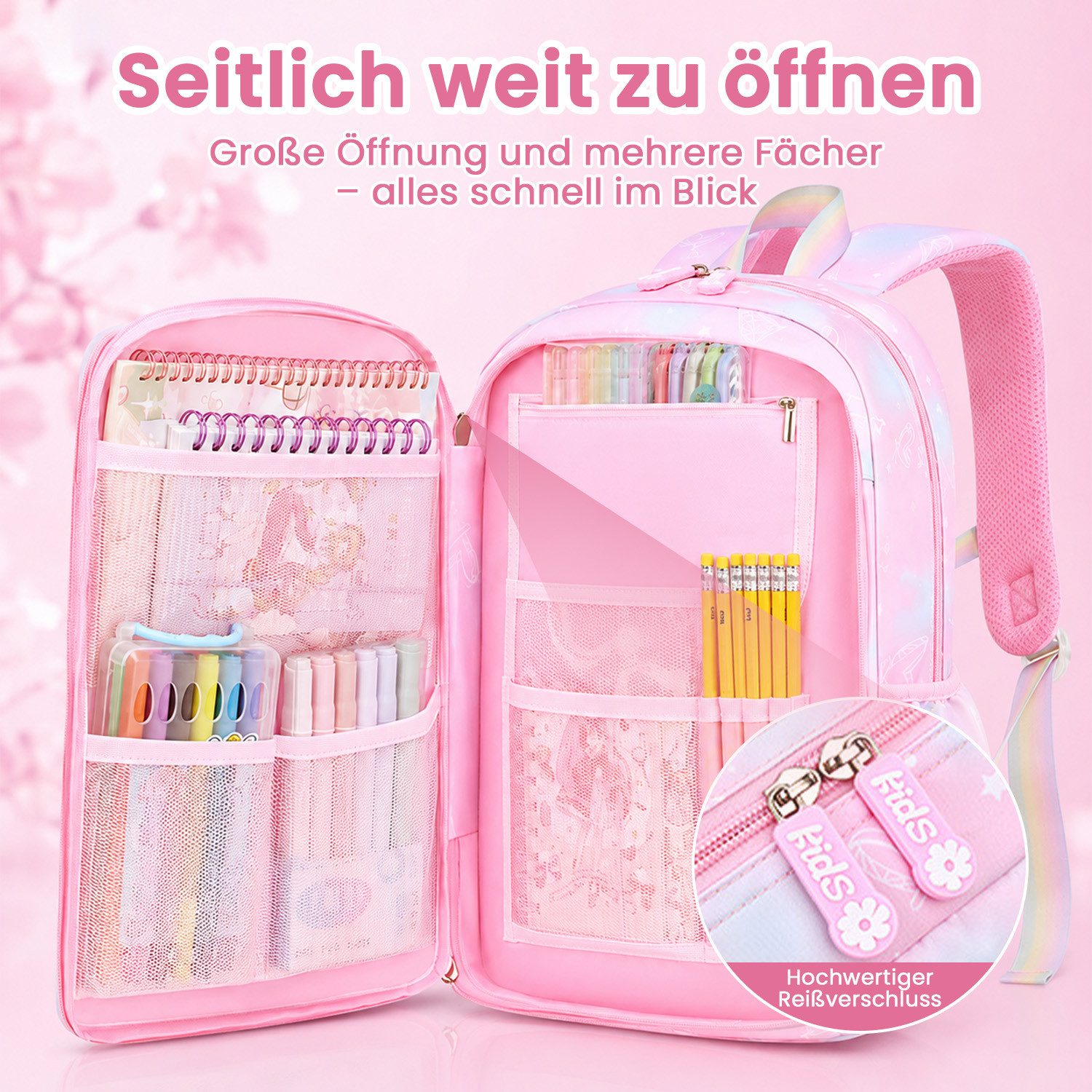 MOPUEA Schulrucksack Schulrucksack Set 2tlg Schultasche Seitlich Öffnend Viel Stauraum – Bild 2 von 5