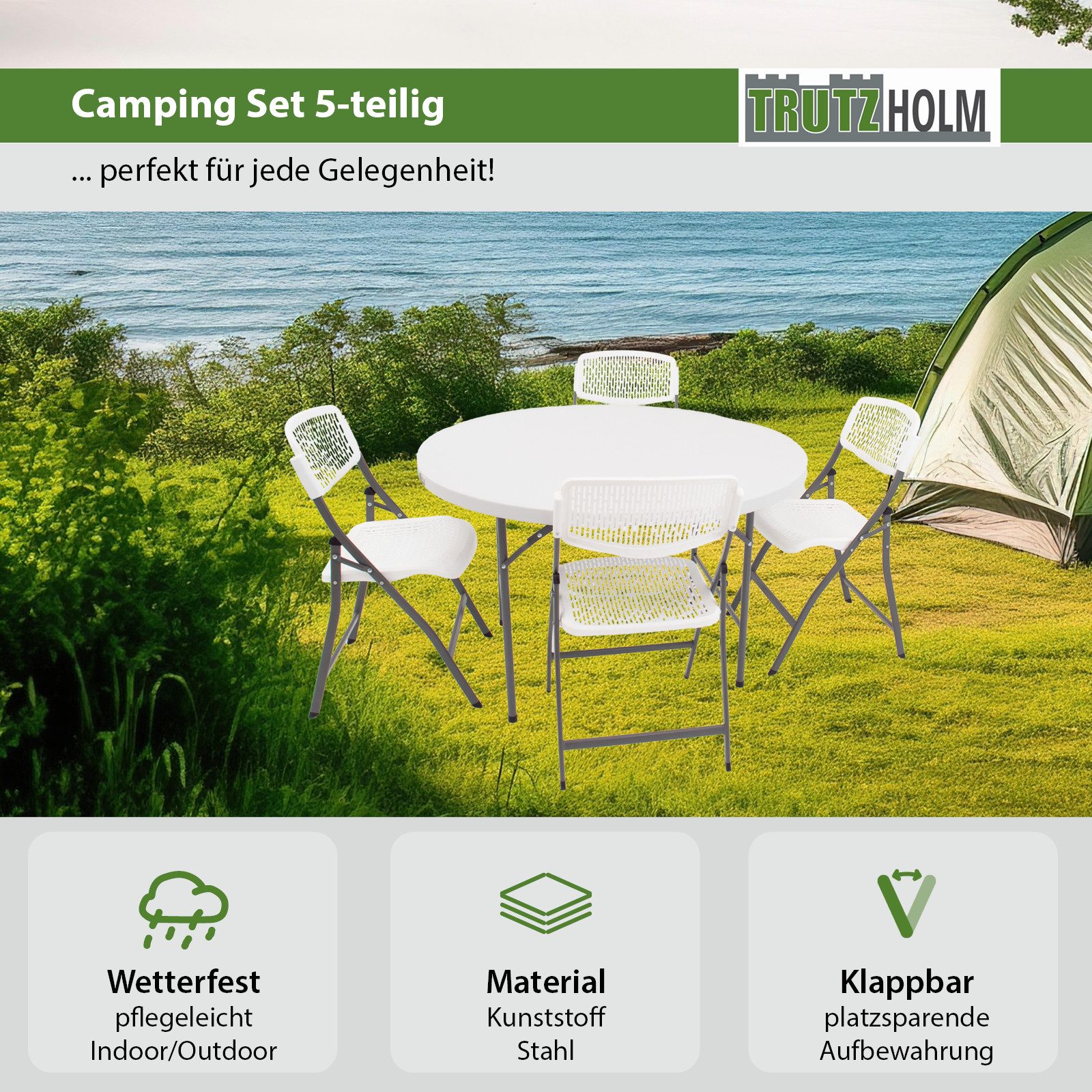 TRUTZHOLM Bierzeltgarnitur Klapptisch rund Ø 120 cm inkl. 4 Klappstühle Kunststoff Campingset, (Set, 5-tlg), Stahl pulverbeschichtet
