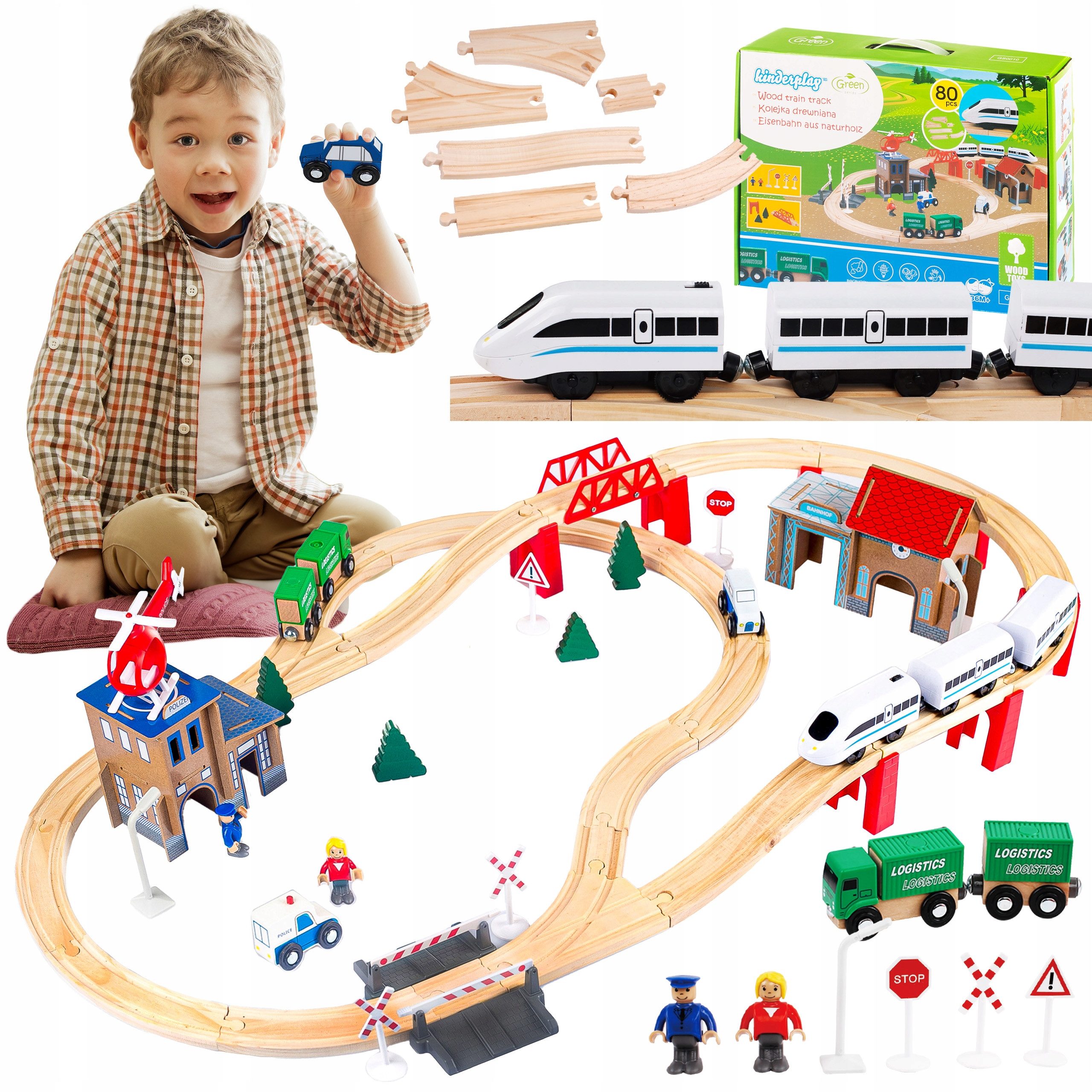 Green Series Spielzeugeisenbahn-Set Holzeisenbahn Set – 80 Teile – Elektrischer Zug – Kinder Spielspaß