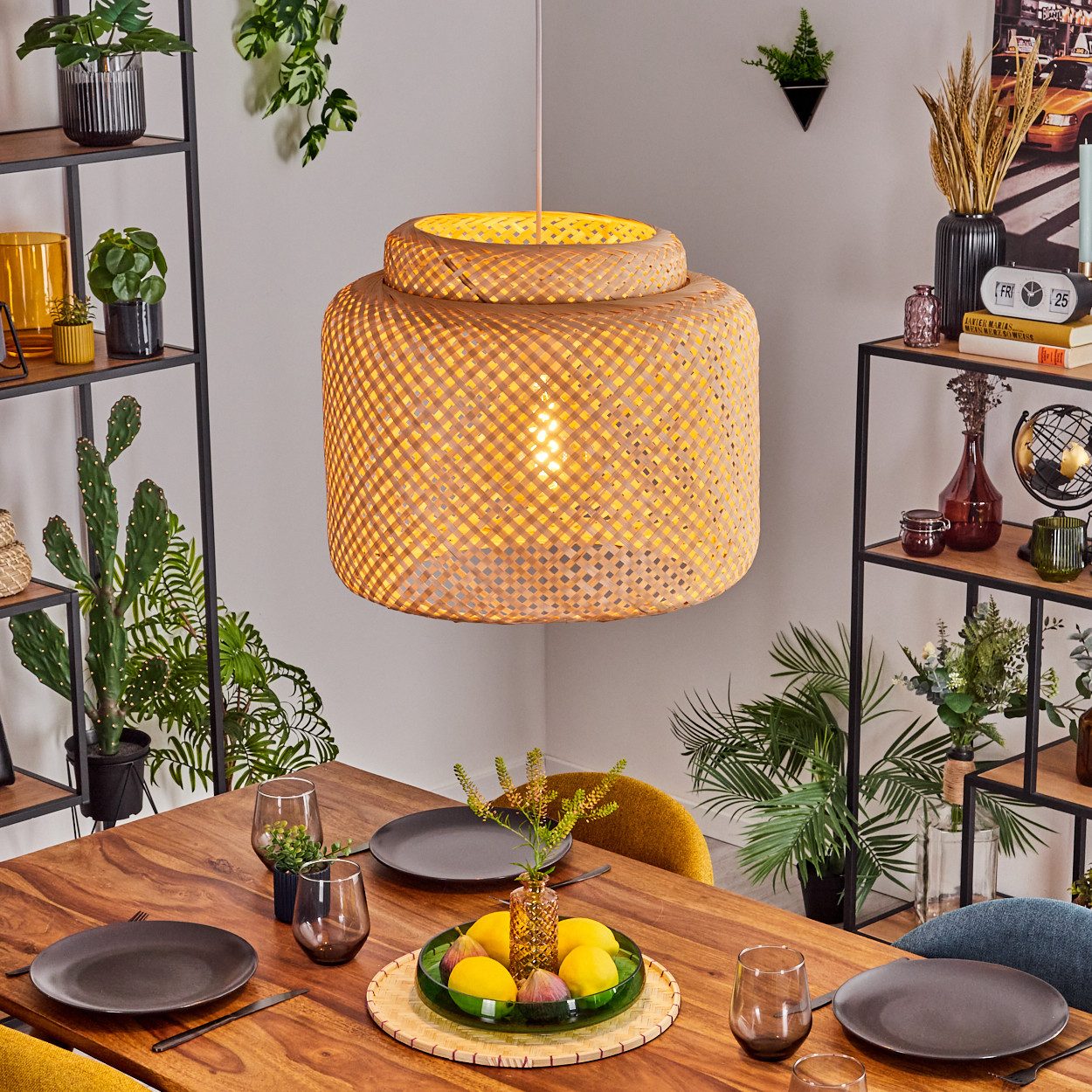 hofstein Hängeleuchte Hängelampe aus Metall/Bambus in Weiß/Naturfarben, ohn günstig online kaufen