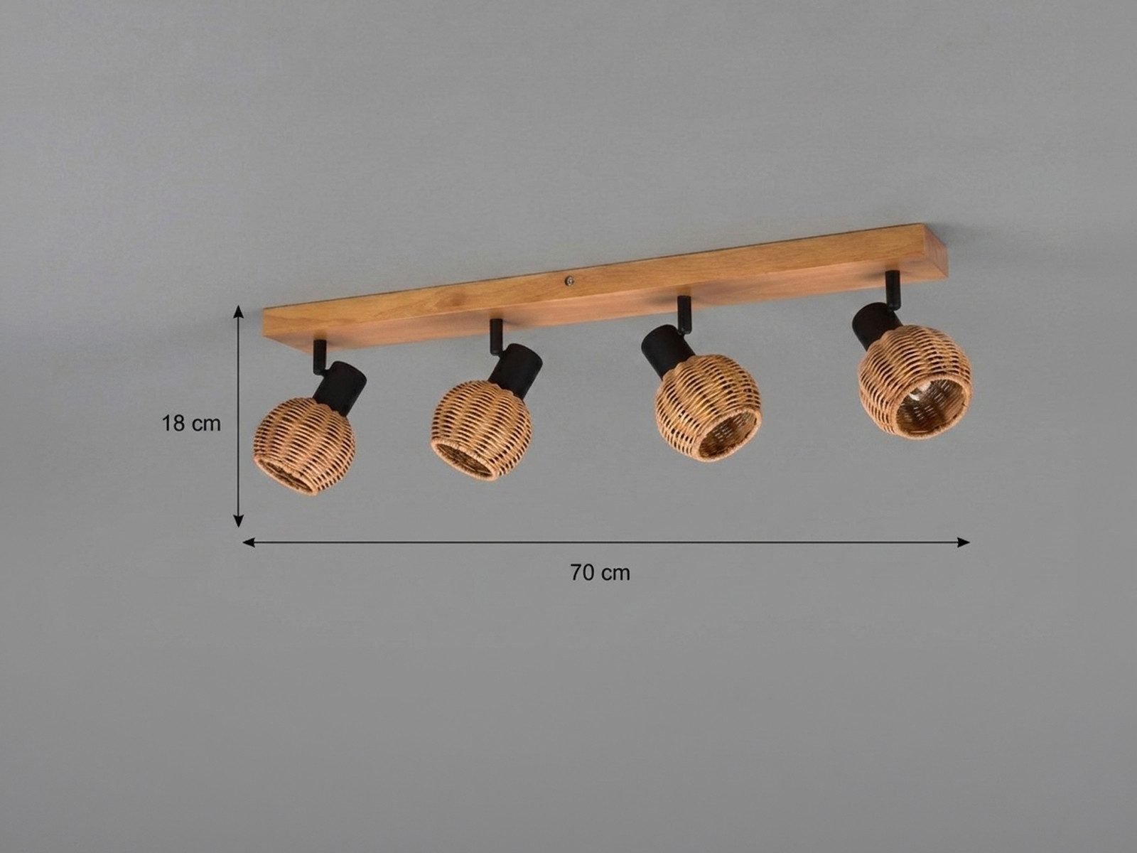meineWunschleuchte Deckenstrahler Rattan-Lampe mit Holz, Breite 70cm, ohne Leuchtmittel, Innen Deckenleuchte, Korblampe skandinavisch mit 4 Strahler, Holzlampe – Bild 4 von 5