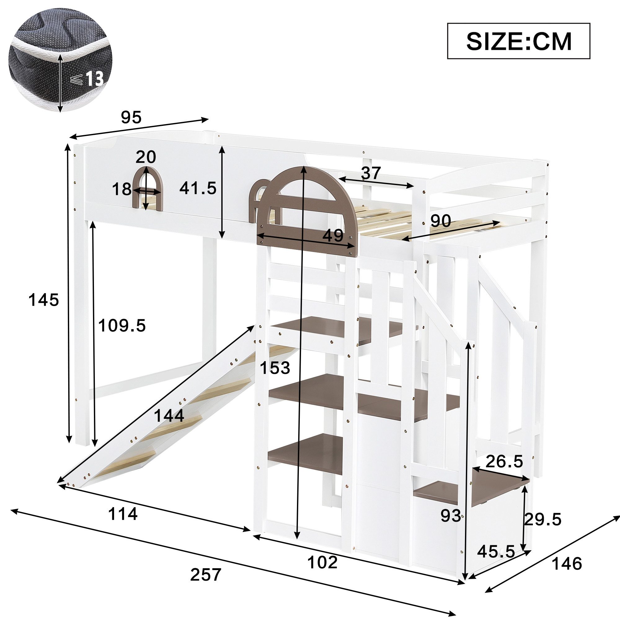 Flieks Hochbett Kinderbett mit Fenster 90x200cm mit Kinderrutsche und Staur günstig online kaufen