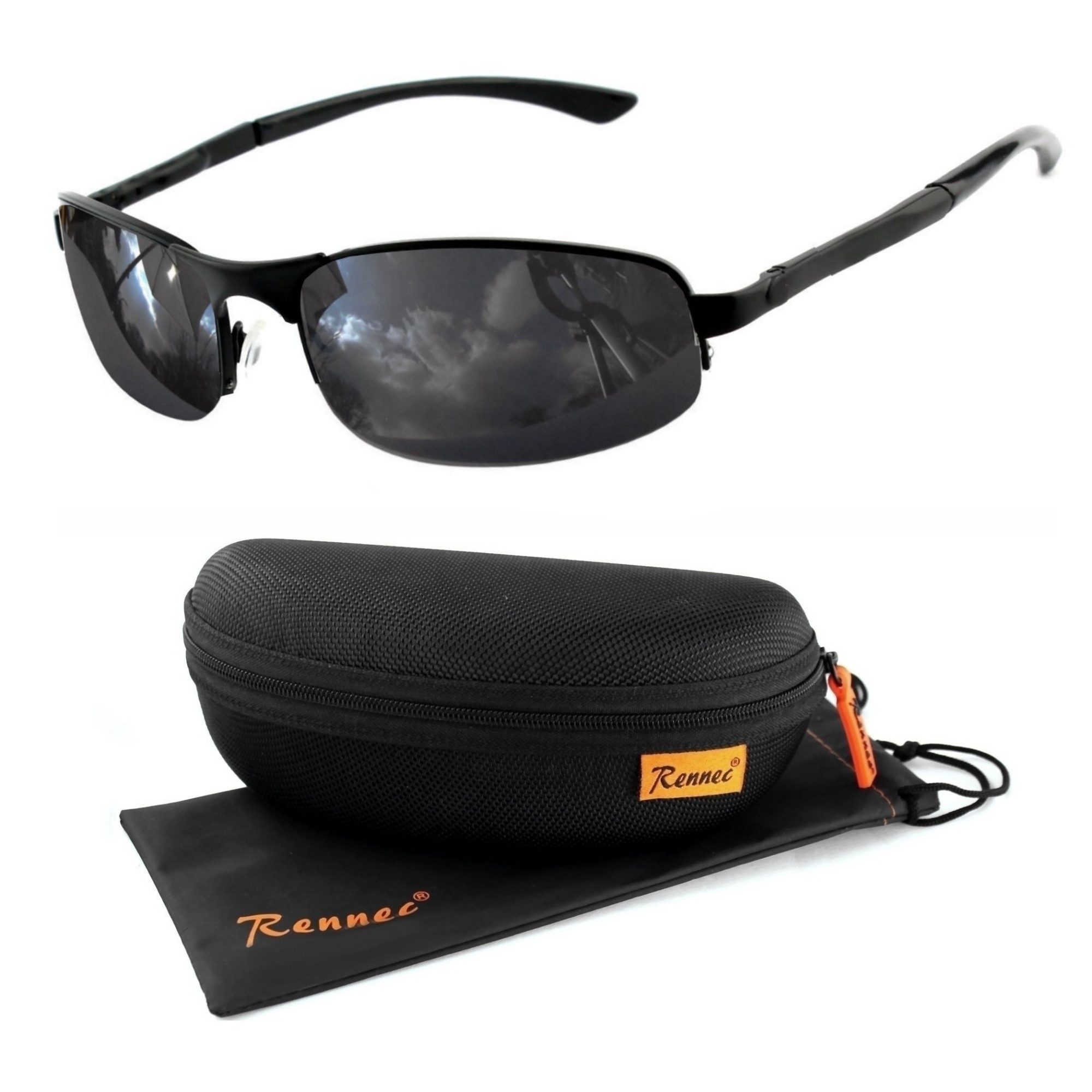 Rennec Sonnenbrille (Herren Markenbrille Schwarz mit Brillenbox) Schmale Edelstahl Brille mit Federscharniere an den Bügeln