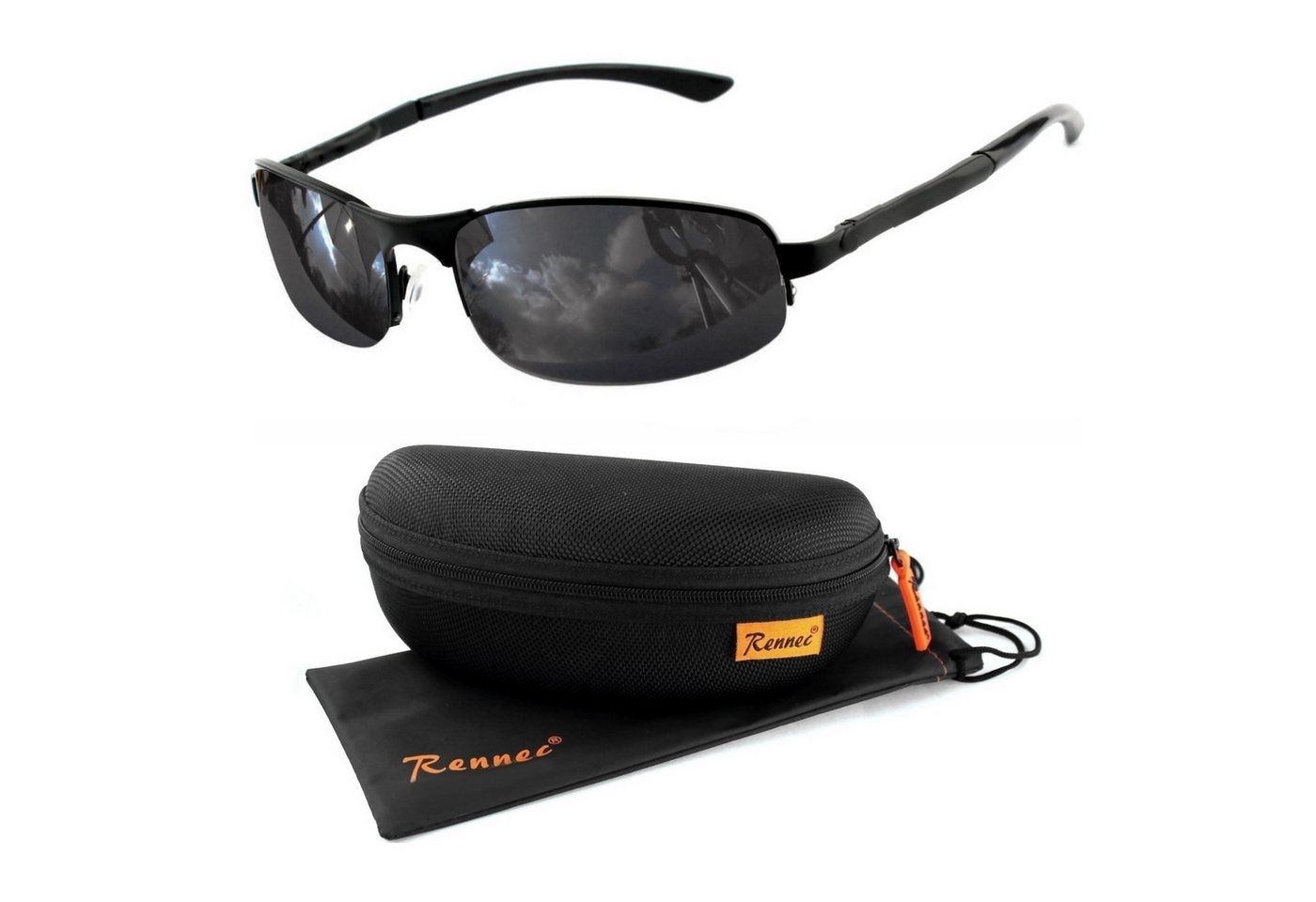 Rennec Sonnenbrille (Herren Markenbrille Schwarz mit Brillenbox) Schmale Edelstahl Brille mit Federscharniere an den Bügeln