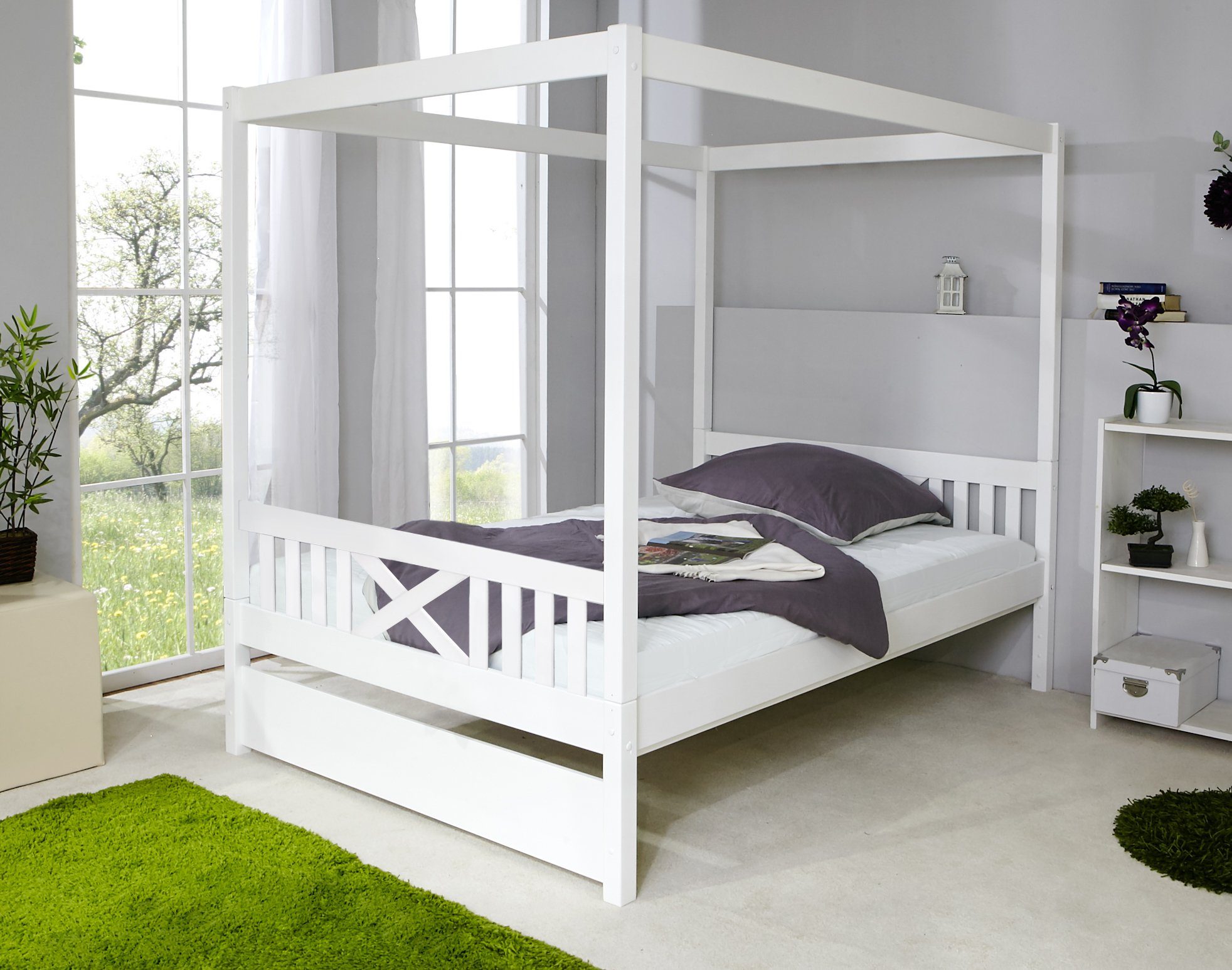 Ticaa Himmelbett Himmelbett Lino Kiefer Weiß 140x200, Oberer Teil abnehmbar und als Einzelbett stellbar