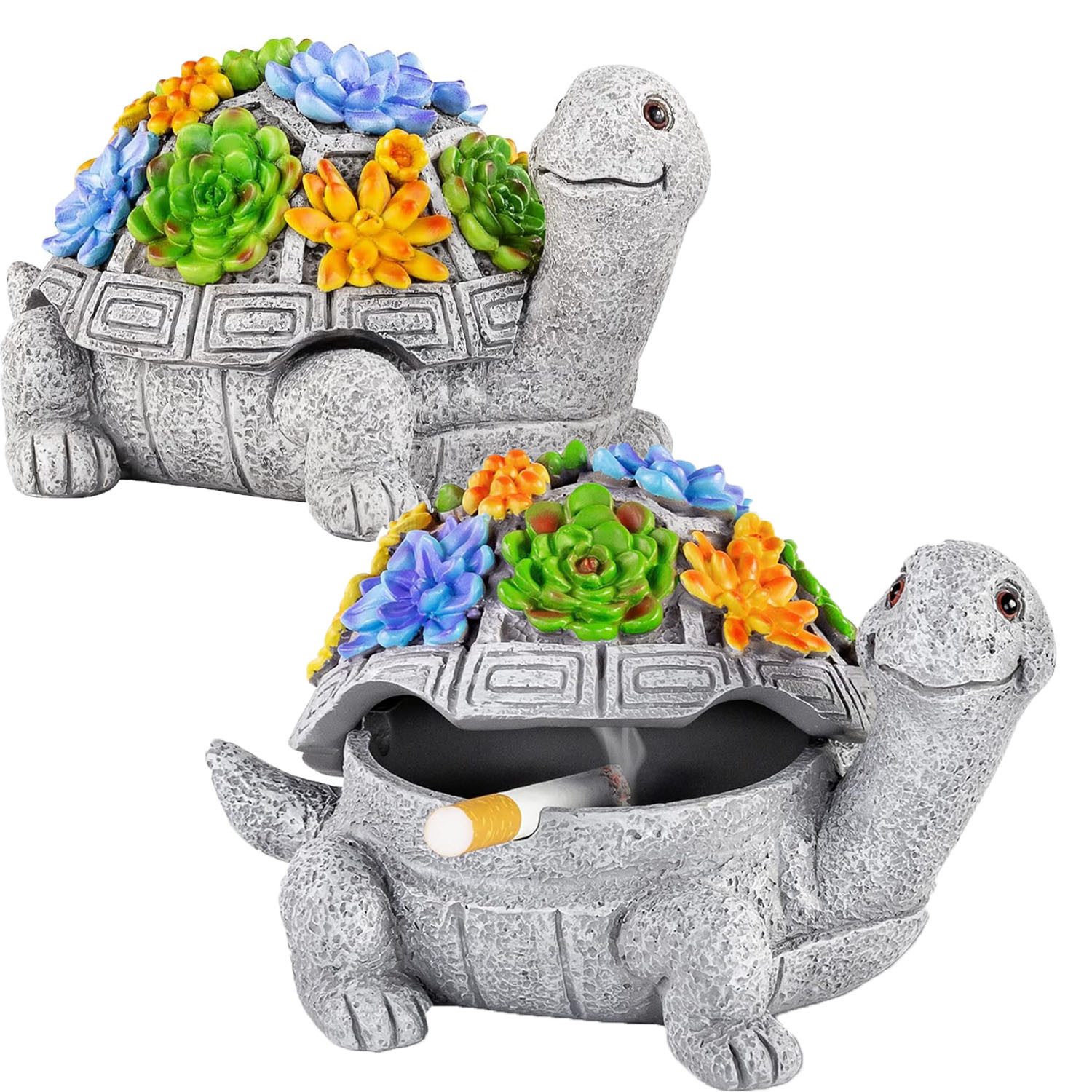 SURFOU Aschenbecher Ascher mit Deckel Schildkröte – Windgeschützter Tischascher aus Harz, Dekorativer Aschenbecher aus Resin mit Deckel, windfest und handbemalt