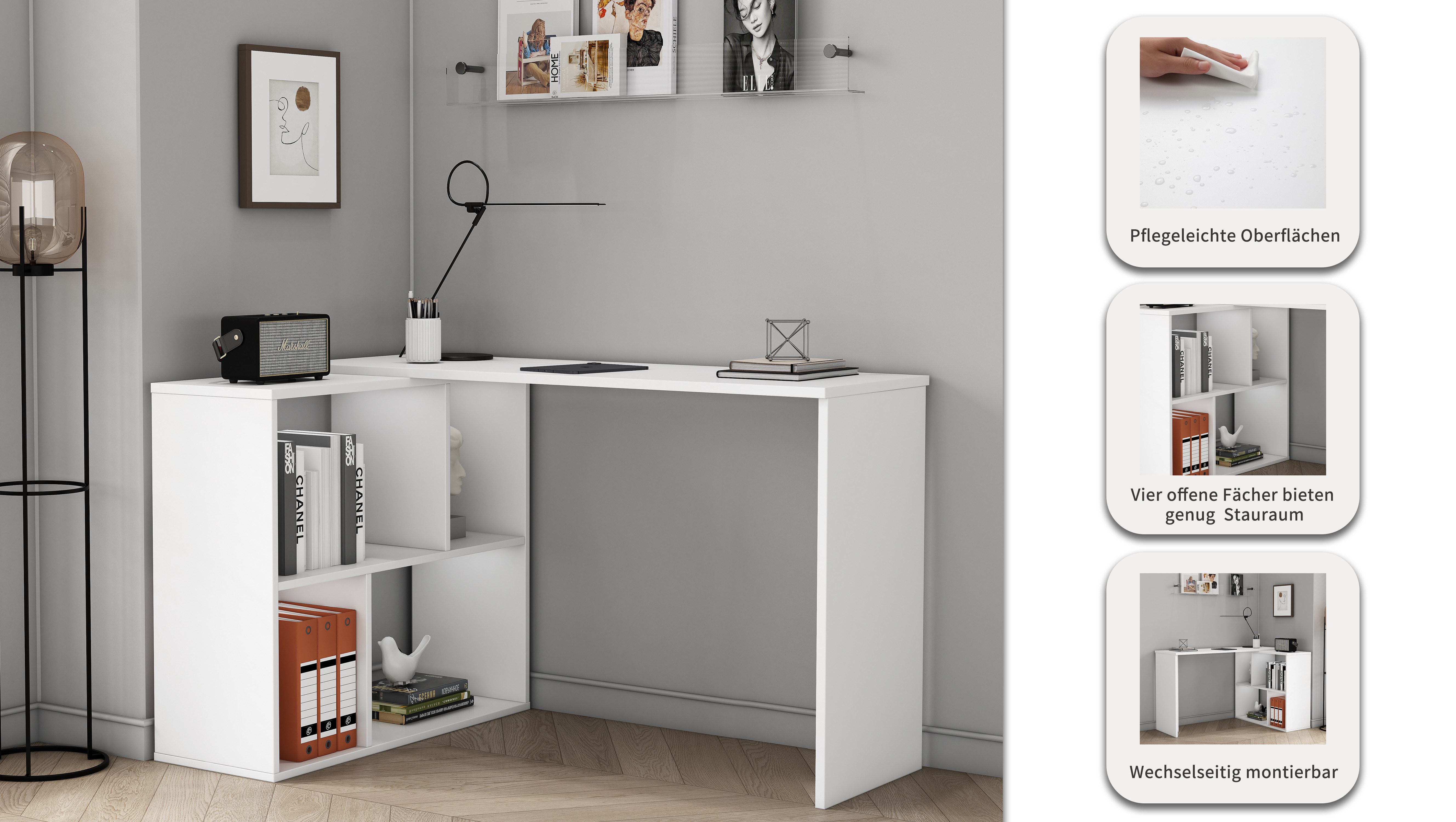 OTTO home Eckschreibtisch Jaaron, mit vier offenen Fächern, modernes und elegantes Design