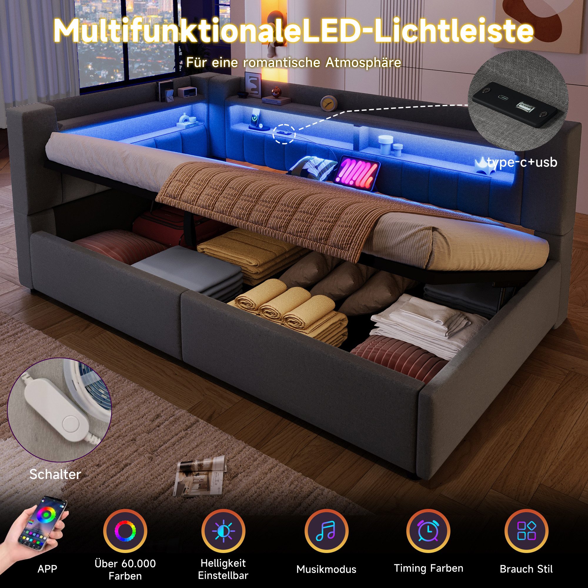 Merax Daybett 90x200cm mit LED-Beleuchtung und USB&Typ-C Ladefunktion (Jugendbett Einzelbett Sofabett, 1 tlg), Tagesbett mit hydraulischem Stauraum & Staufächer – Bild 5 von 5