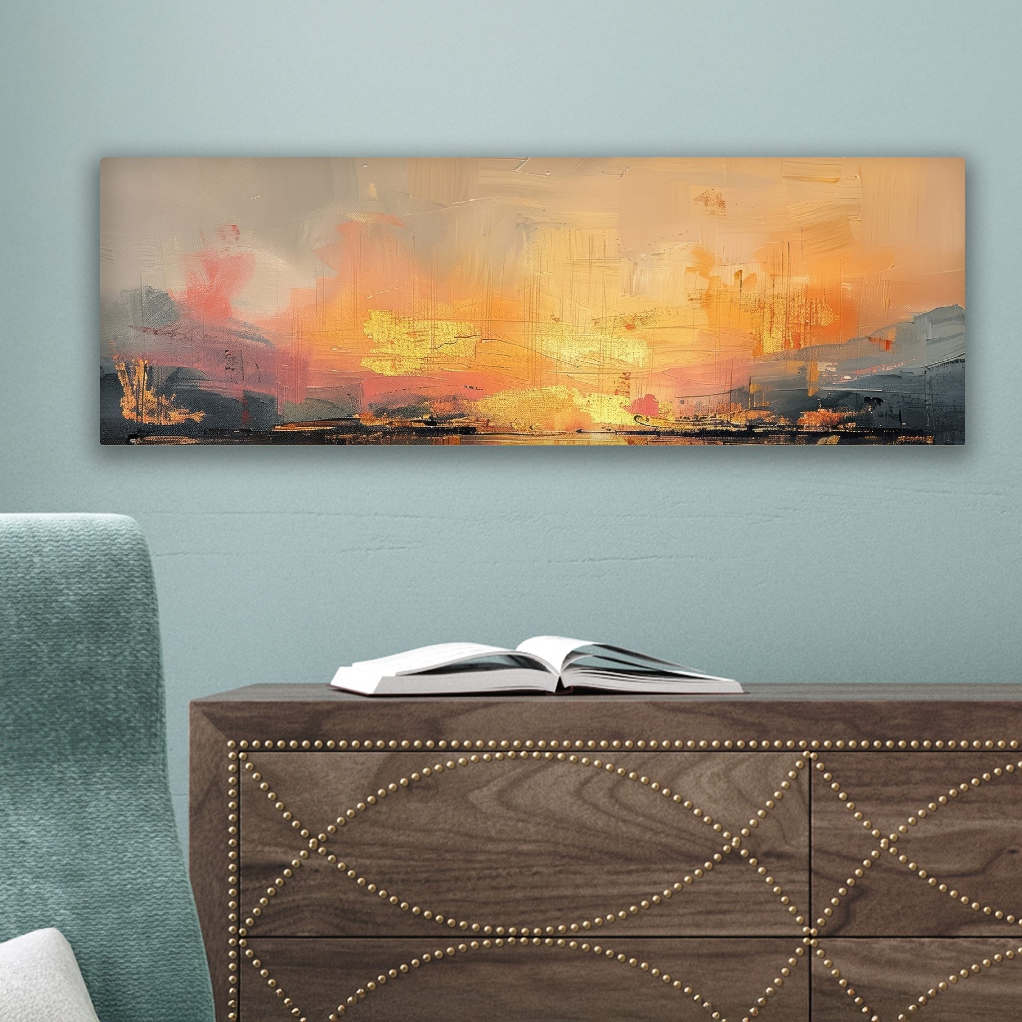 OneMillionCanvasses® Leinwandbild Panorama Modern - Abstrakt - Gold - Rosa, Fotodruck (1 St), Wandbild, Deko Schlafzimmer Wohnzimmer Flur 60x20 cm – Bild 5 von 5