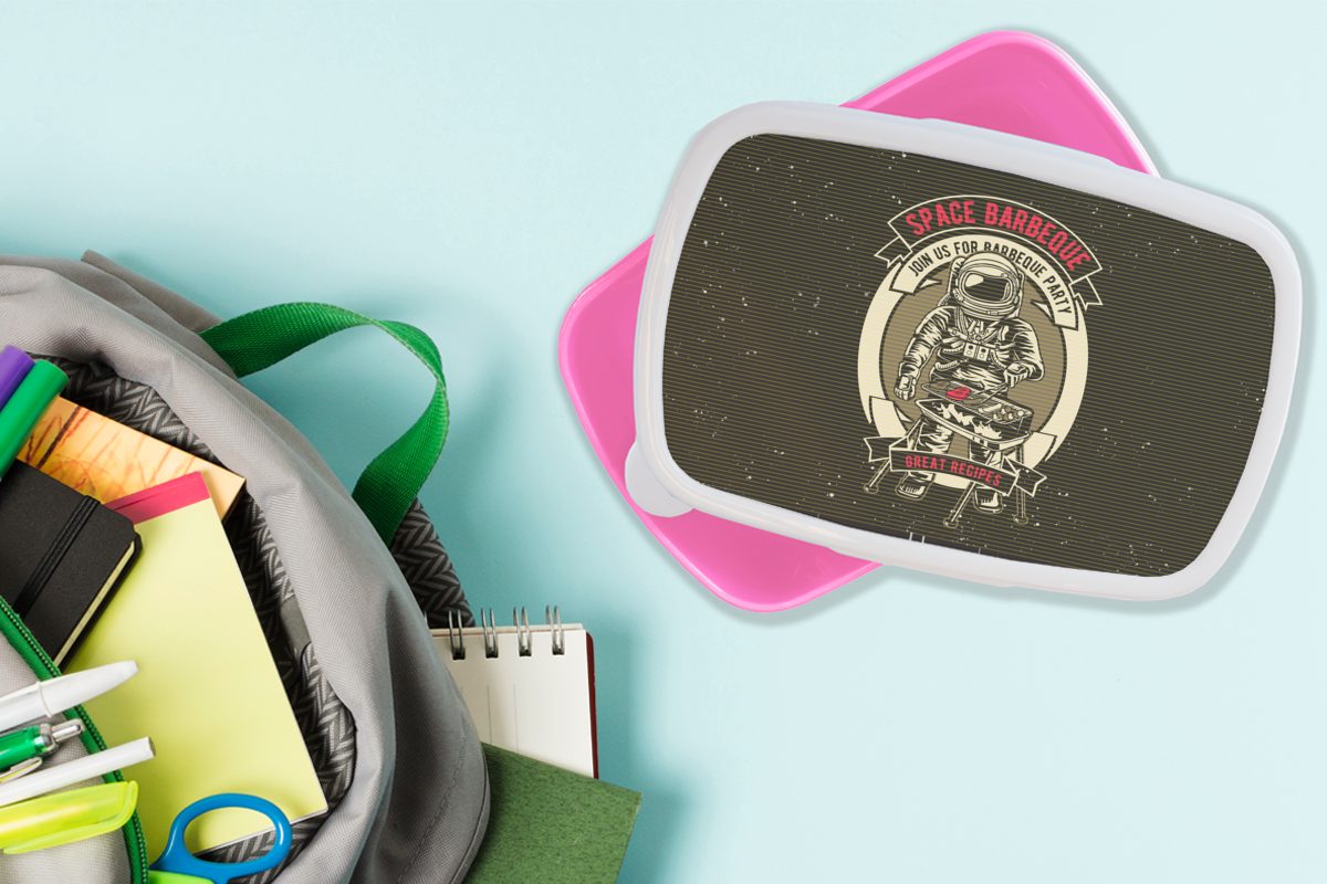 Erwachsene, Brotdose für - MuchoWow - Astronaut rosa Jahrgang Mädchen, BBQ, (2-tlg), Snackbox, Kinder, Kunststoff Kunststoff, Brotbox Lunchbox