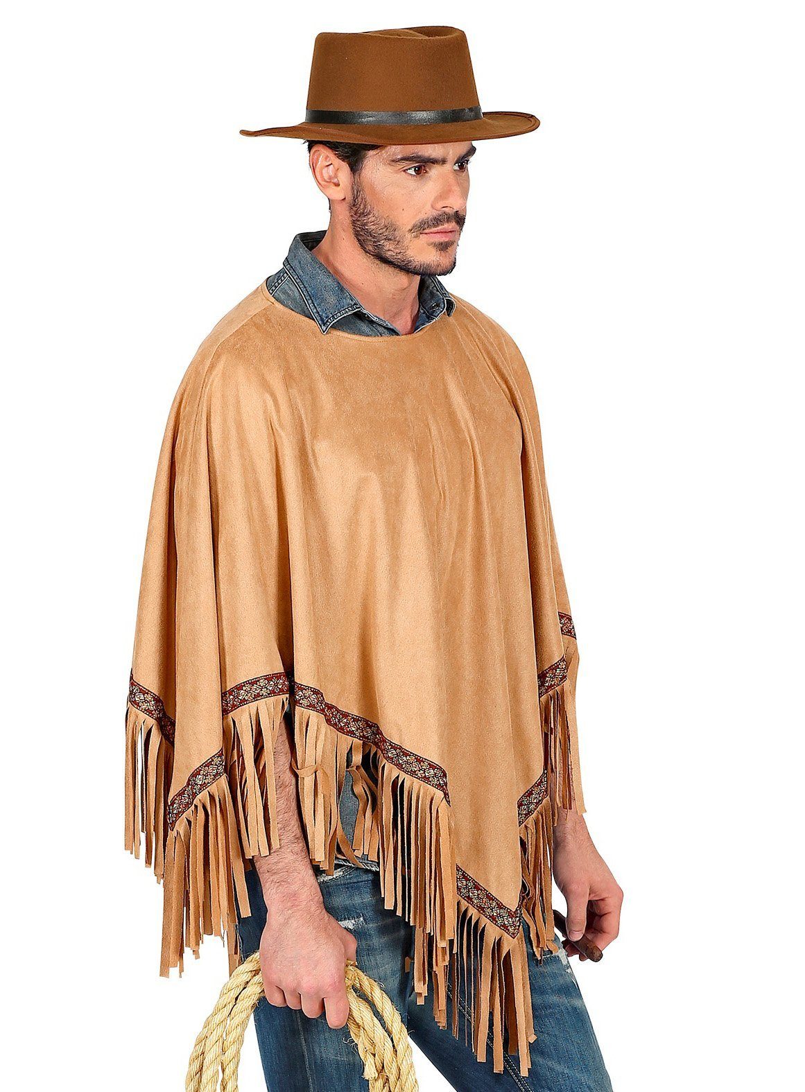 Fun World Hippie-Kostüm Hippie Poncho braun - Fasching Karnevalskostüme, Leichter Überwurf mit Fransen zur Kombination als Hippie