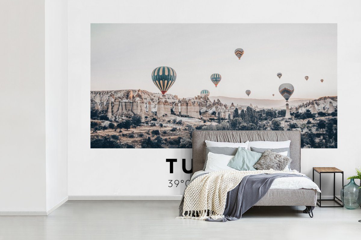 MuchoWow Fototapete Türkei Berge, bedruckt, - Tapete Wohnzimmer, (6 für St), - Wallpaper Vinyl Schlafzimmer, Matt, - Kappadokien Kinderzimmer, Heißluftballon