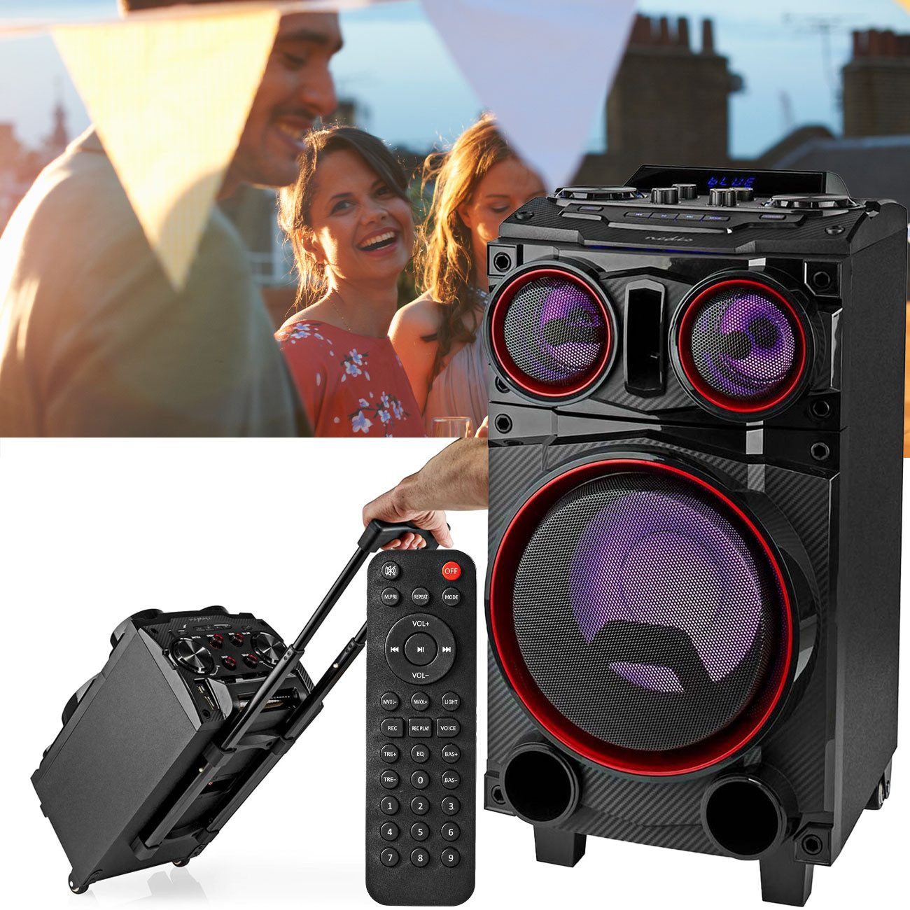 Nedis Bluetooth Party-Lautsprecher 120W, Trolley LED Akku USB Subwoofer Bluetooth-Lautsprecher (Mobiler 120W Party-Lautsprecher mit 8" Subwoofer LED & Trolley-System)