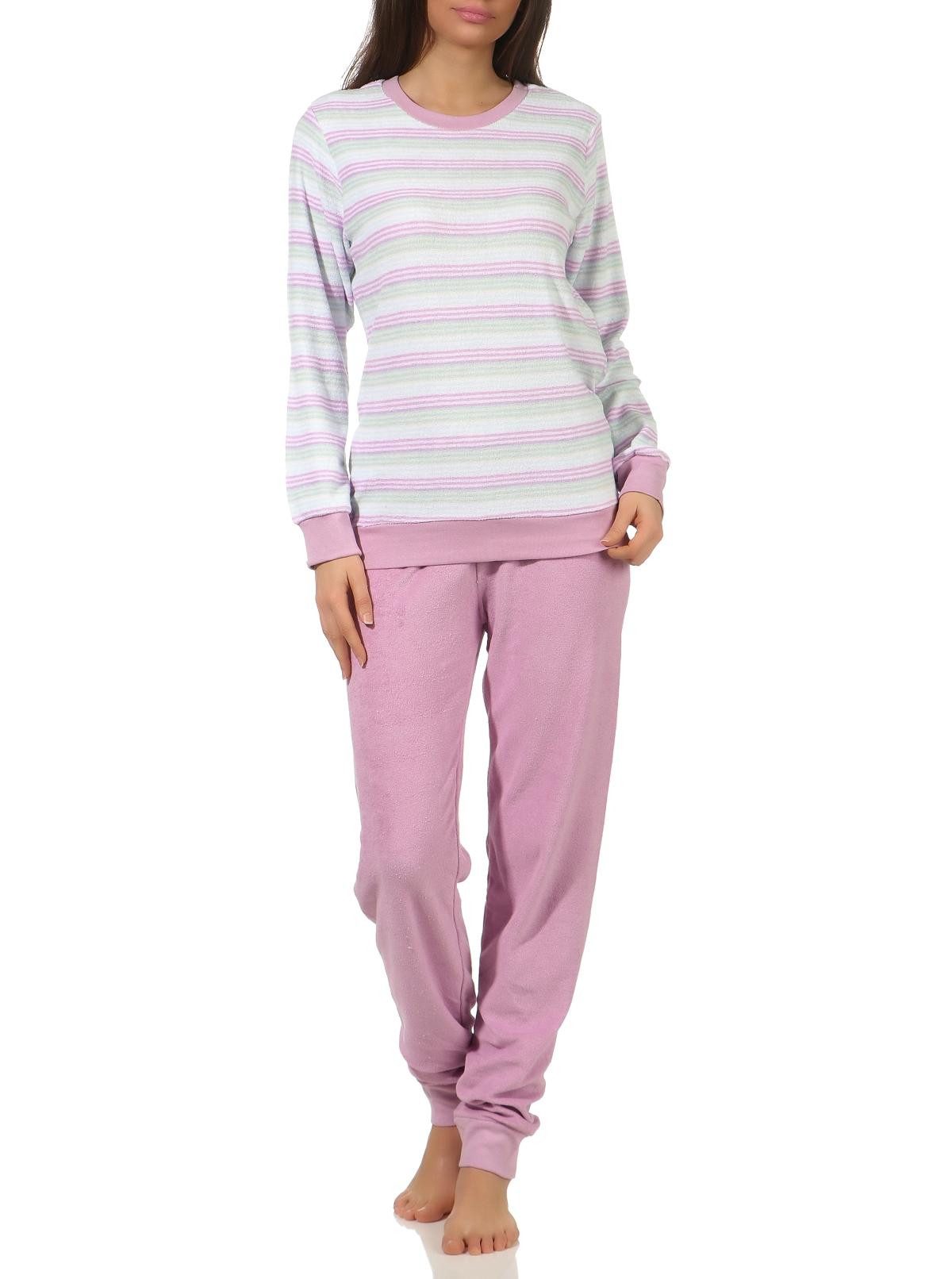 Normann Pyjama Damen Frottee Schlafanzug mit Bündchen Pyjama in Streifenoptik