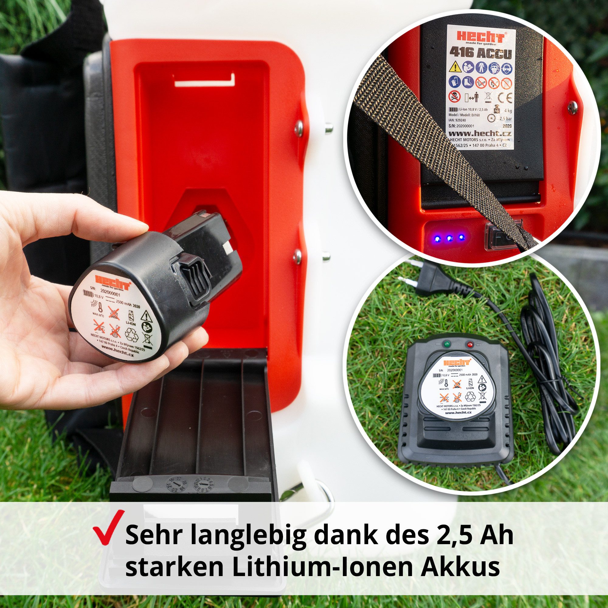 Hecht Akku-Drucksprühgerät 16 Liter mit 12V/7Ah Akku und Rucksackgurt, 2,5bar, 160min Laufzeit