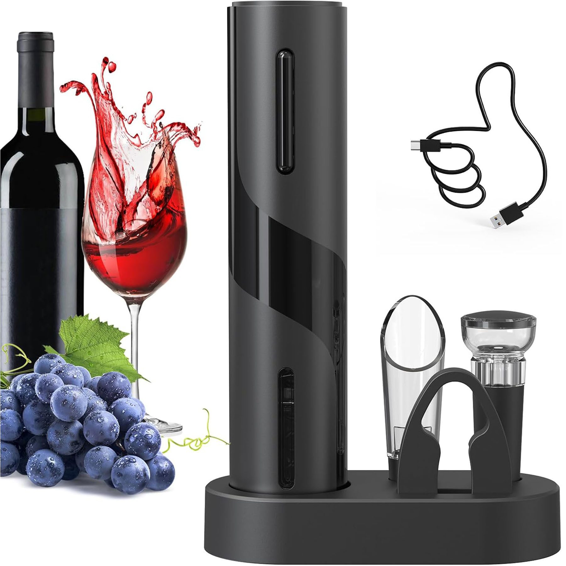 Senmudi Korkenzieher Elektrischer Weinöffner-Set, Wiederaufladbares 6-in-1,Nur 6 Sekunden, (mit Ladestation, Folienschneider, Weinausgießer und Vakuum-Weinstopfen, 6 tlg., Weinöffner-Geschenkset mit USB-Ladekabel Geschenk für Weinfreunde), Geeignet für Halloween-, Weihnachts- und Thanksgiving-Partys