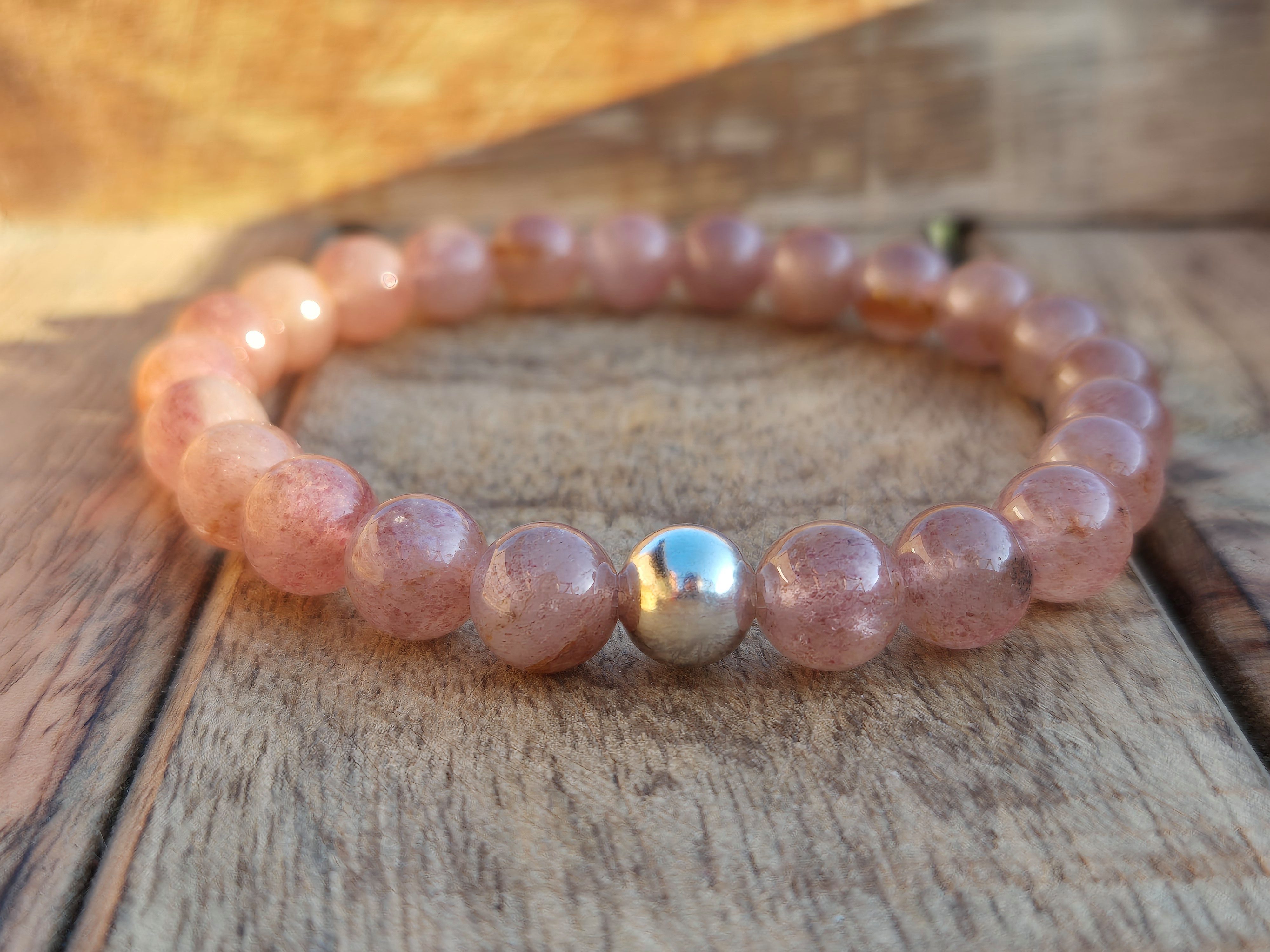 NAHLE Perlenarmband Erdbeerquarz mit 925 Silberperle Naturstein Armband (inkl. Schmuckbox), dehnbar - mit 925 Silberperle - in vielen Größen erhältlich