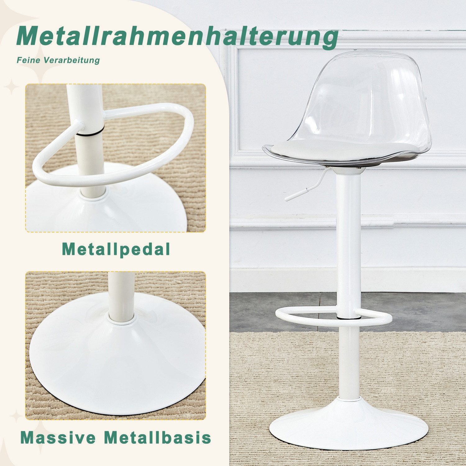 ANYSUN Barhocker 2er Set Balkenstuhl,mit Runder Fuß und Transparente Rückenlehne, (Höhenverstellbar/ 81,8-99cm, 360° Drehbar, Bar Stool Balkenstuhl, 2er-Set), Drehstuhl Hocker Tresenhocker,Barhocker Barstuhl mit Fußstütze