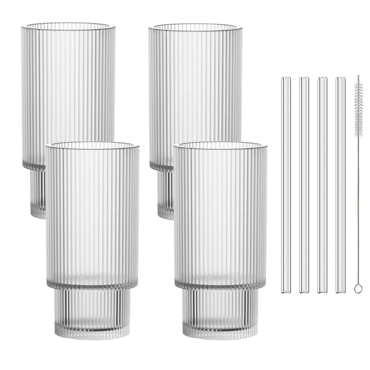 mixed24 Gläser-Set 4er Set Geriffelte Gläser 320ml inkl. Glashalm, ideal für Iced Matcha Latte, Latte Macchiato, Cocktails, Smoothies