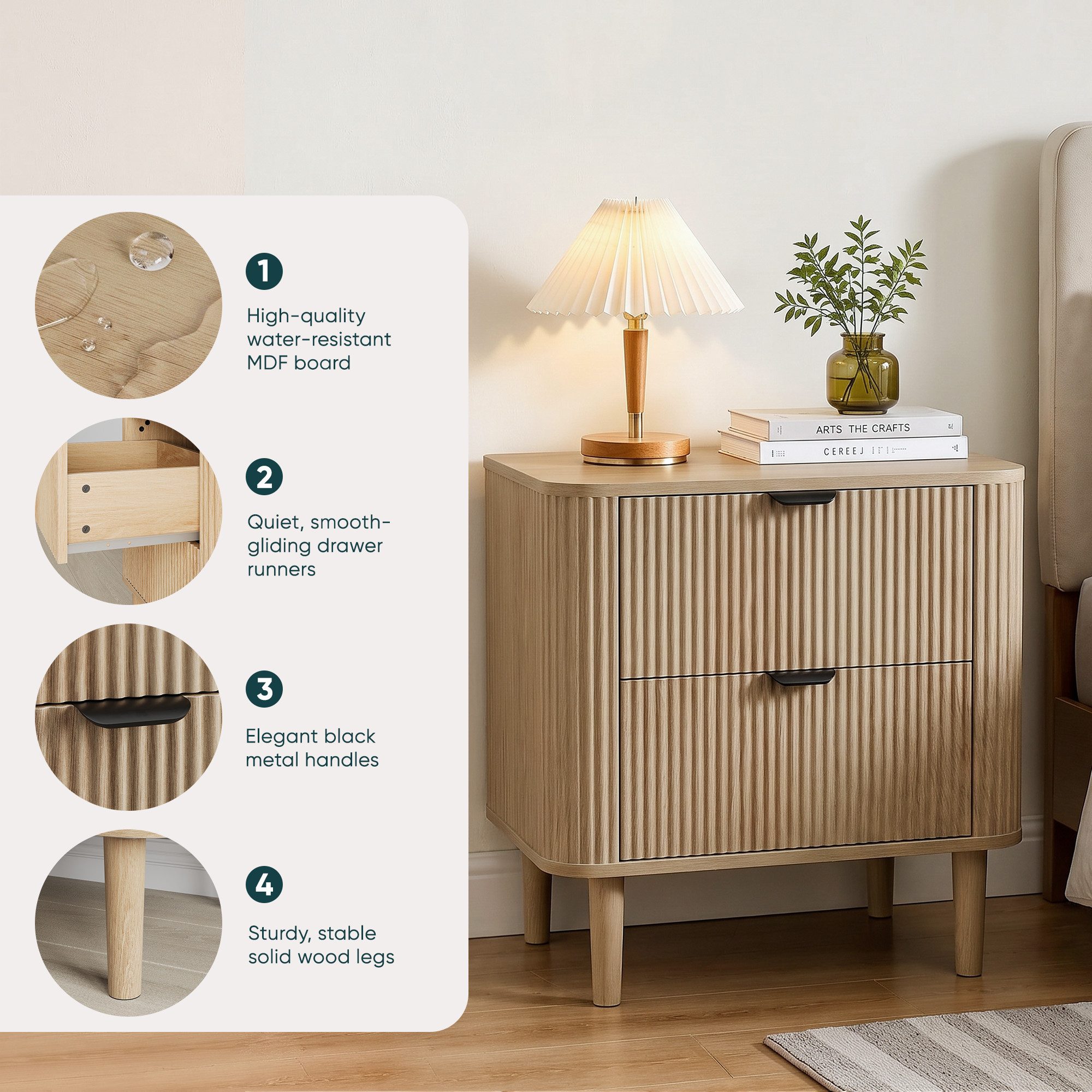Celya Nachttisch aus Holz mit Rillenstruktur und 2 Schubladen (1er-set, geschwungener Nachttisch, Aufbewahrungsmöbel fürs Schlafzimmer) – Bild 3 von 5