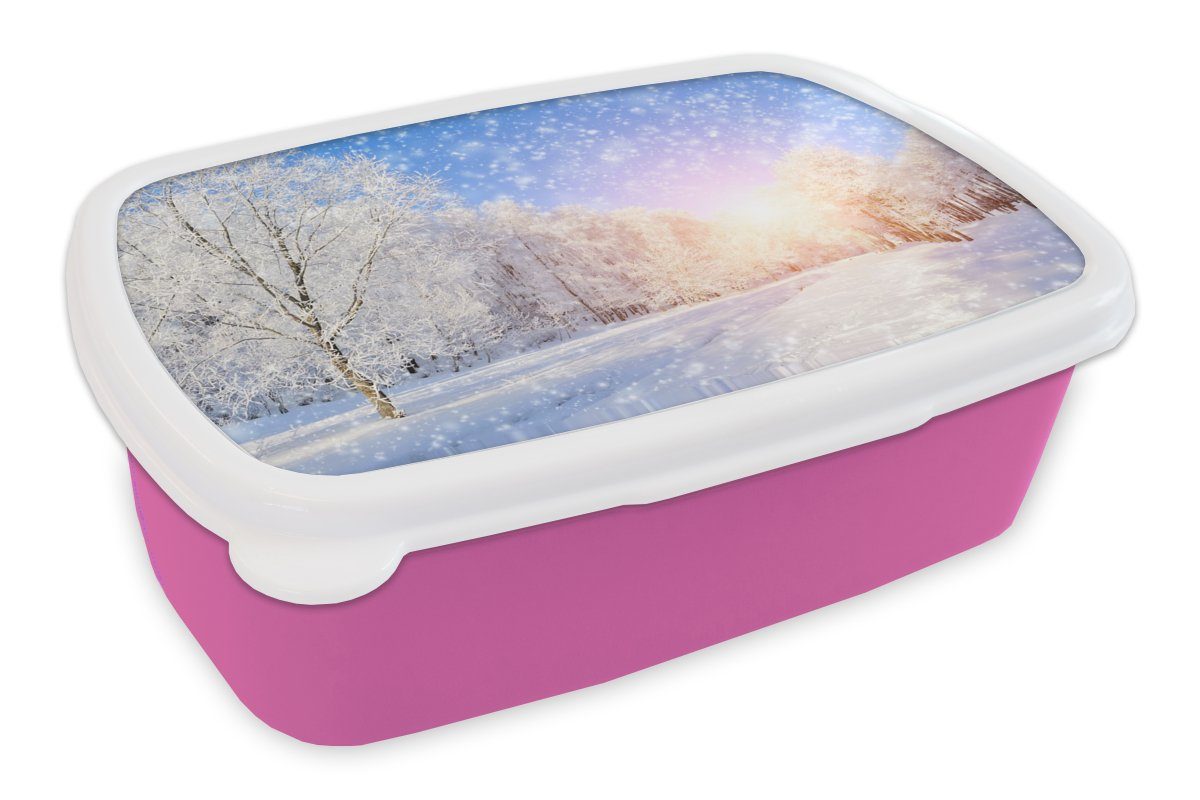 Lunchbox Mädchen, Snackbox, (2-tlg), - Kunststoff für Erwachsene, Kinder, Brotbox MuchoWow Brotdose Winter, - Kunststoff, Sonne rosa Schnee