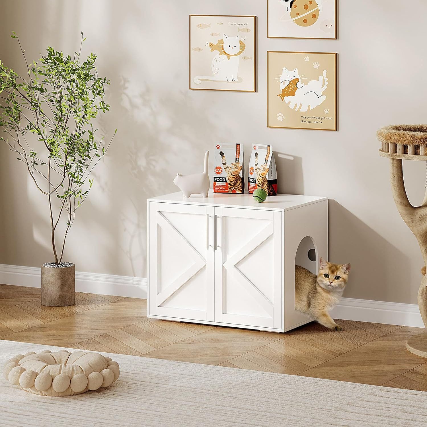 GarveeMore Katzentoilette Möbelstück mit versteckter Katzentoilette,Katzentoiletten-Schrank, Katzenklo-Abdeckung & Katzenhaus