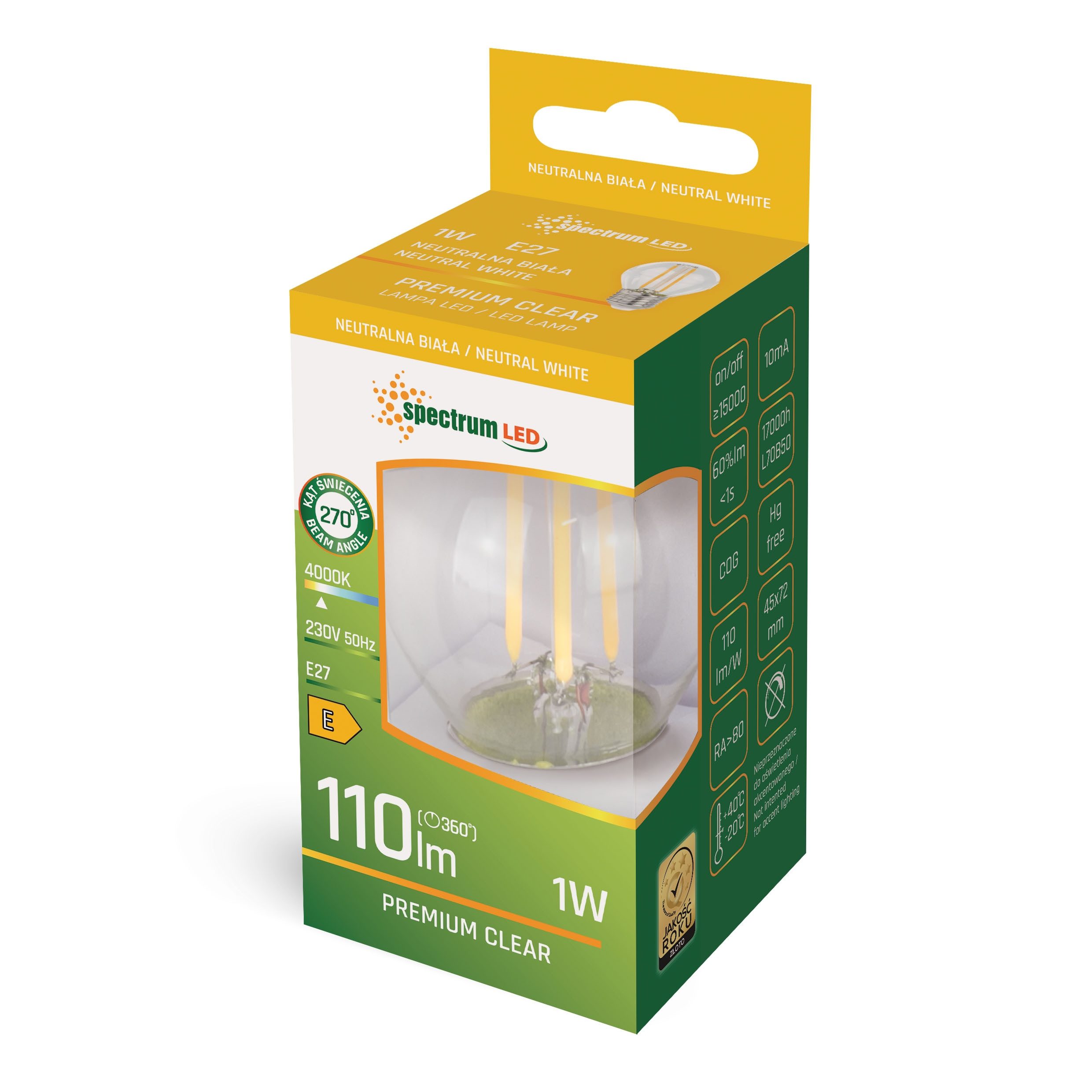 Spectrum LED-Leuchtmittel LED E27 G45 Filament Klar 1W=10W Tropfen 110lm 300° 230V Neutral 4000K, E27, Neutralweiß, Filament Klar, Tropfen