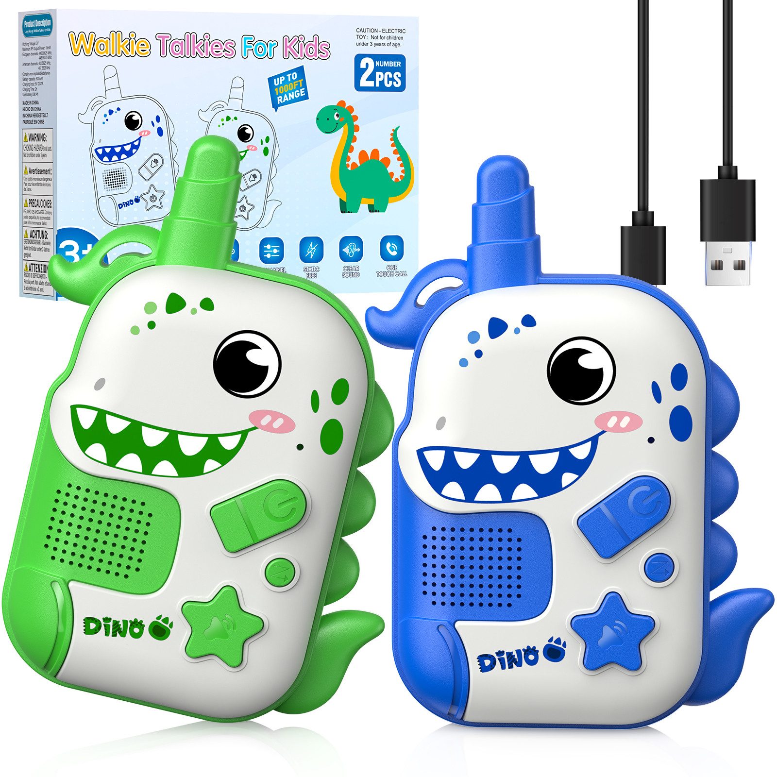 Wootoy Walkie Talkie Kinder-Walkie-Talkies 2er Set Funkgerät Spielzeug mit Type-C-Anschluss, (Integrierter Akku bis zu 48 Stunden Betriebszeit, 2-St., Reichweite bis zu 305 m mit stabiler Signalübertragung), im Dinosaurier-Design für gemeinsame Spiel- und