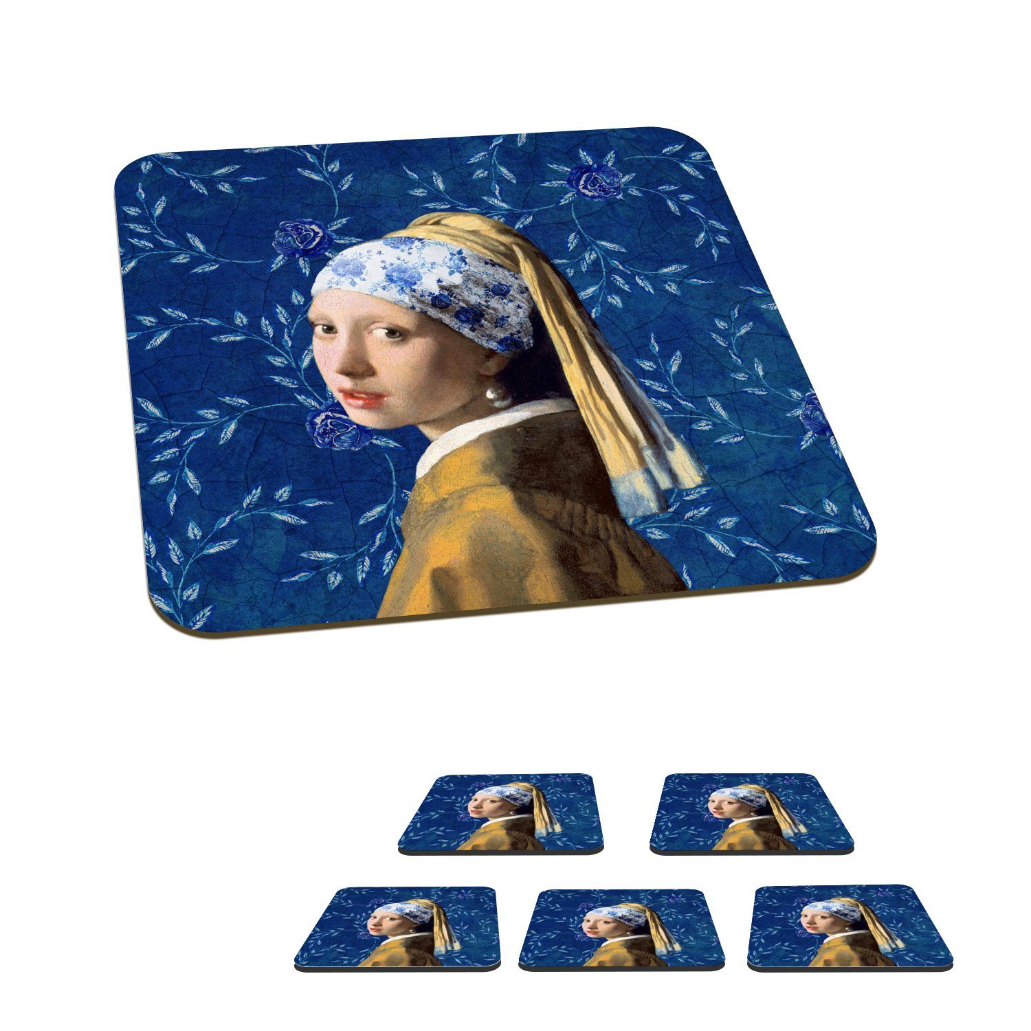 Mädchen Vermeer - mit Tasse Delfter Zubehör 6-tlg., Gemälde, - - - Perlenohrring Tischuntersetzer, Gläser, Blau Korkuntersetzer, MuchoWow Blumen Glasuntersetzer für Glasuntersetzer, Untersetzer,