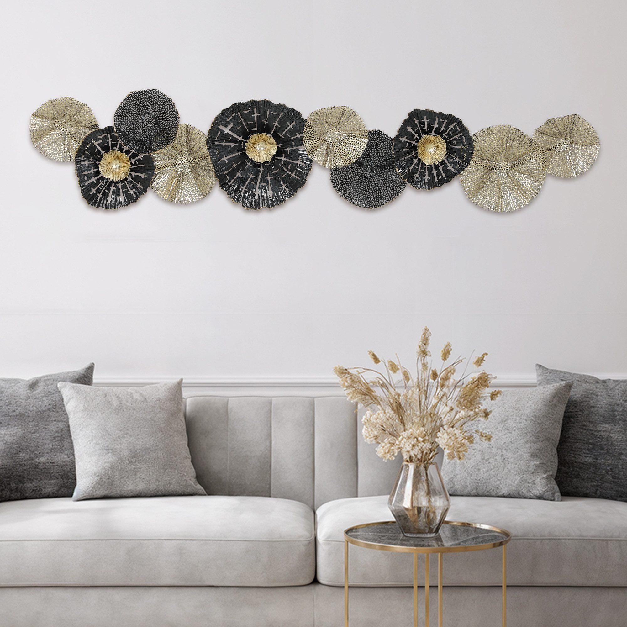 HOMCOM Wandbild Wanddeko 3D Metallbild 134cm Wandskulptur Schwarz+Hellgold, kreisförmige Scheiben (Wanddeko, 1 St), für Schlafzimmer Esszimmer Wohnzimmer