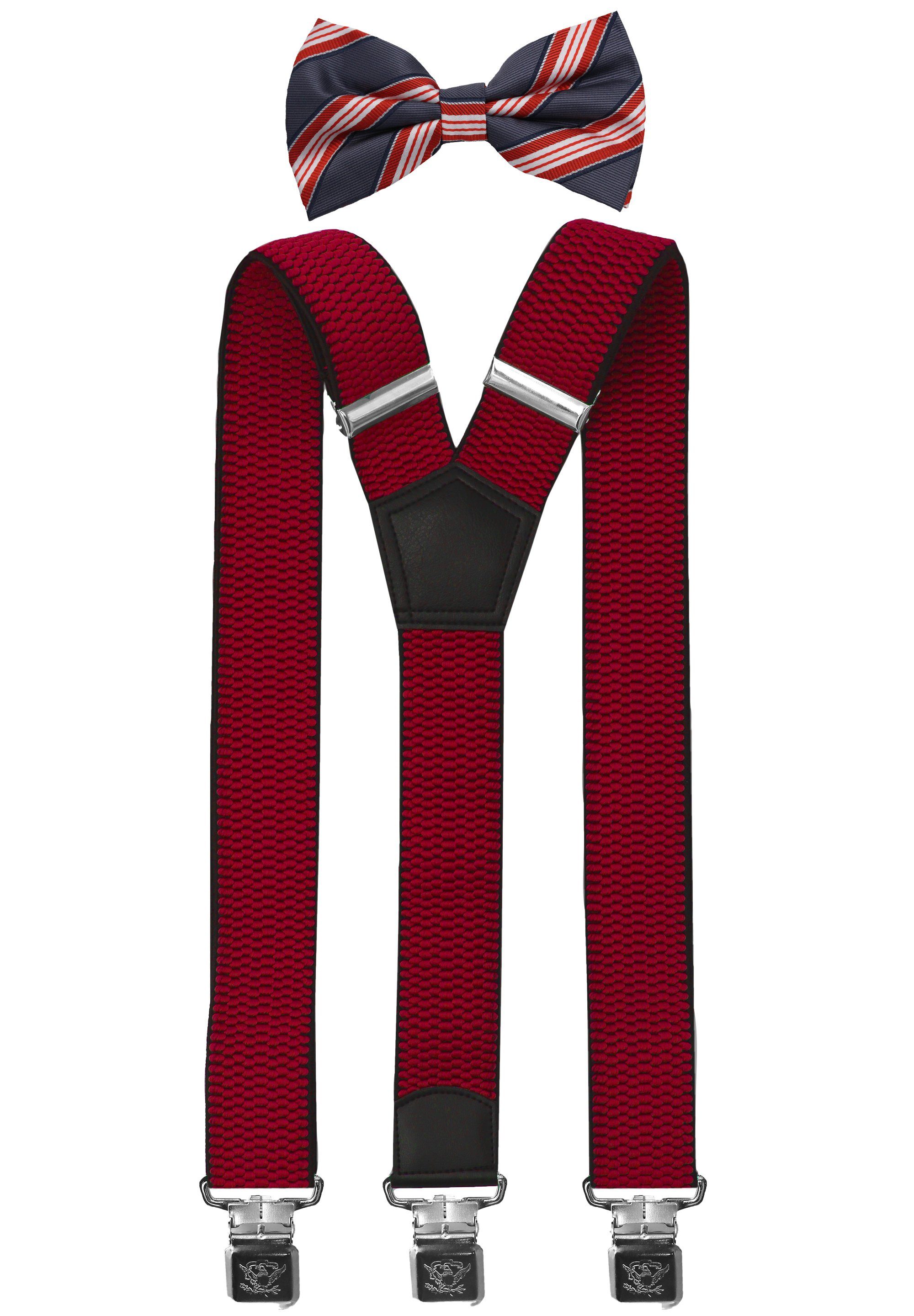 Fabio Farini Hosenträger mit passender Fliege als Set 4cm Y-Form für Herren Pack Rot 4cm Hosenträger - Grau/Rot/Weiß Gestreifter Fliege